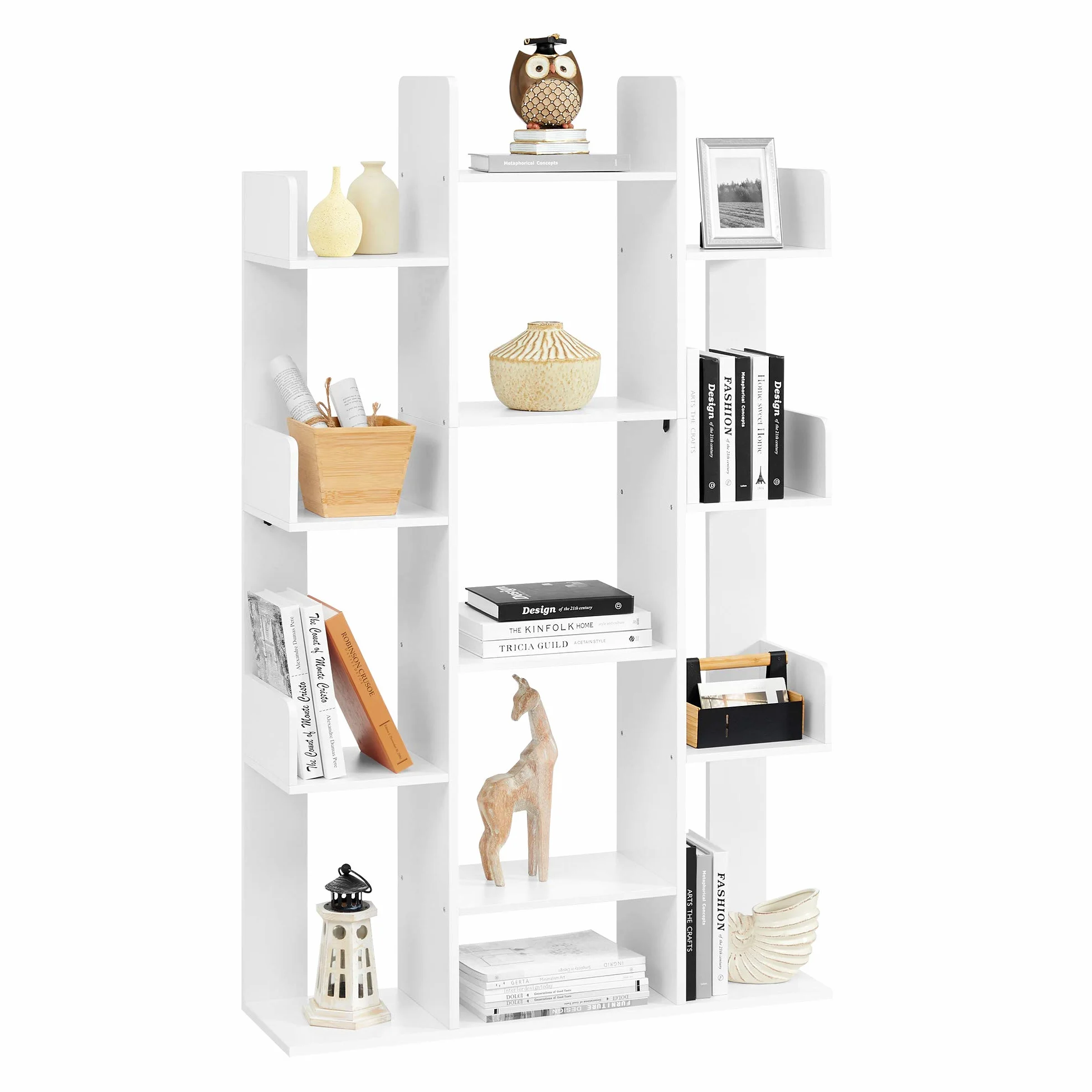 VASAGLE Bookshelf, Tree-Shaped Bookcase with 13 Storage Shelves, Rounded Corners, 9.8”D x 33.9”W x 55.1”H, White ULBC067W01
