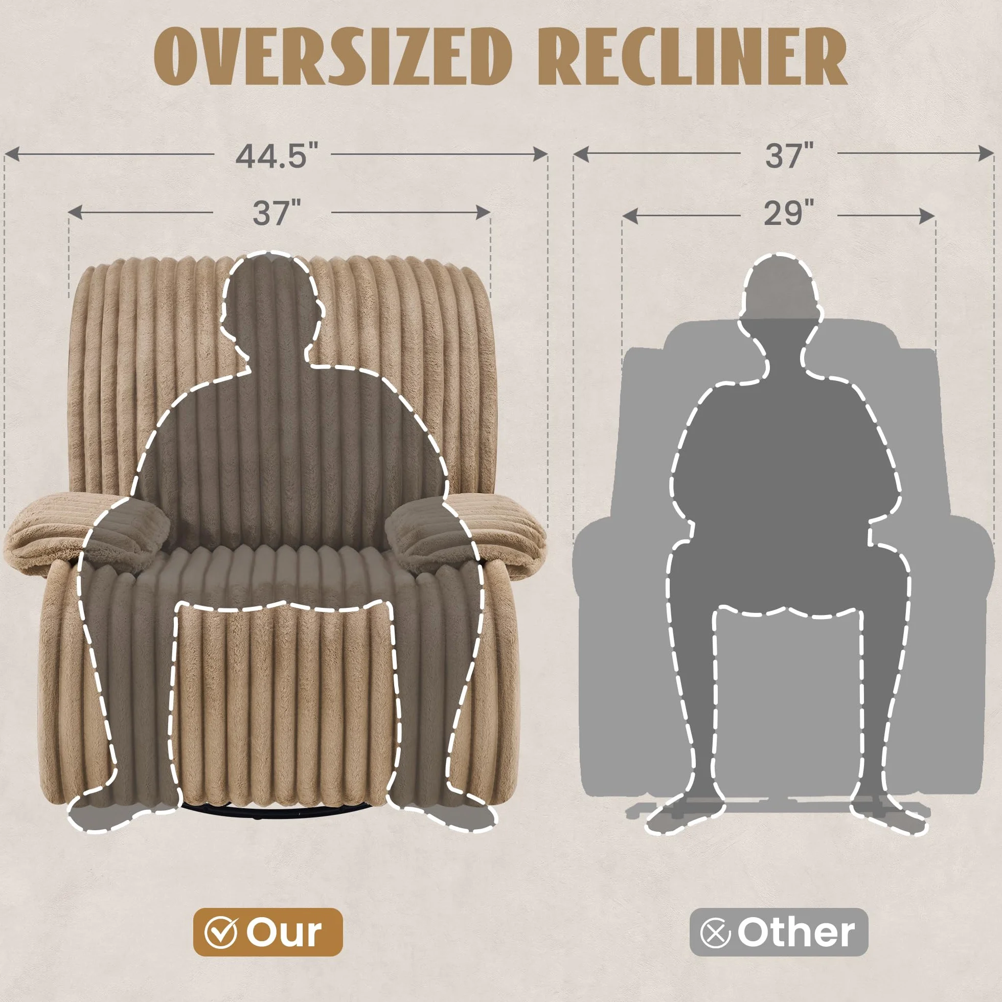 GRAINELL Oversized 40" Swivel Recliner Nursery Rocking Chairs, Khaki | Wide Stripe Fabric Glider Recliner for Adults Living Room Chairs with with Adjustable Armrests & 360° Rotation