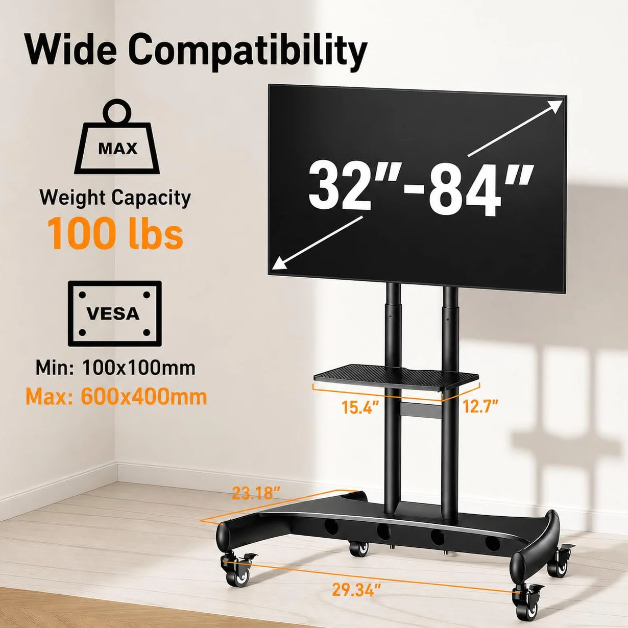 Perlegear Rolling TV Stand for 32-84 Inch TV, Mobile TV Cart up to 100lbs, Adjustable Height Outdoor TV Cart with Heavy-Duty Base, VESA 600x400mm, Portable TV Stand on Wheels for Livingroom PGTVMC05-1