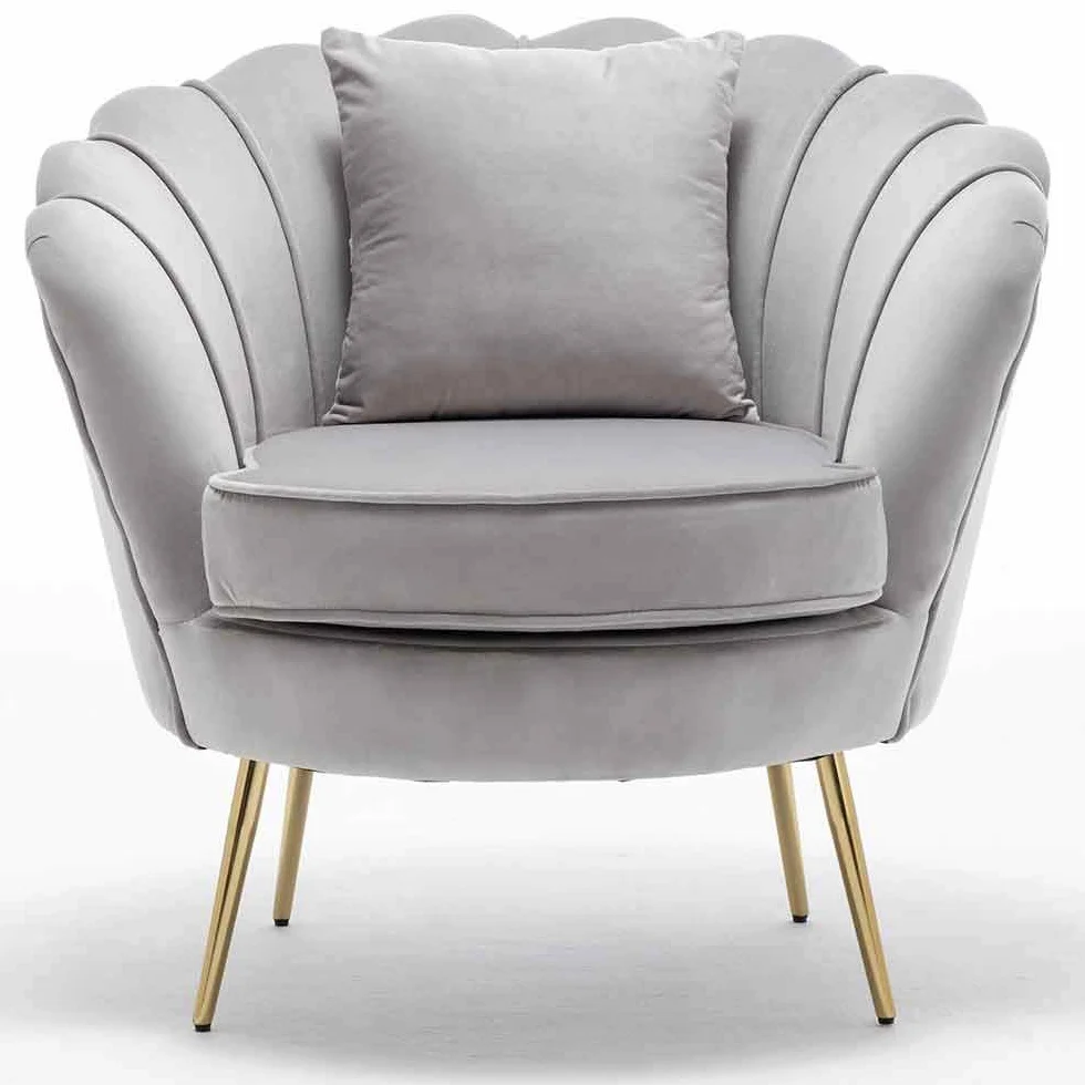 BAKAJI Armchair Relaxing Chair Cover Velvet Fabric Metal Legs Colour Gold Padded Modern Design Quilted Large Shell Backrest Size 8 x 77 x 84 cm (Grey)