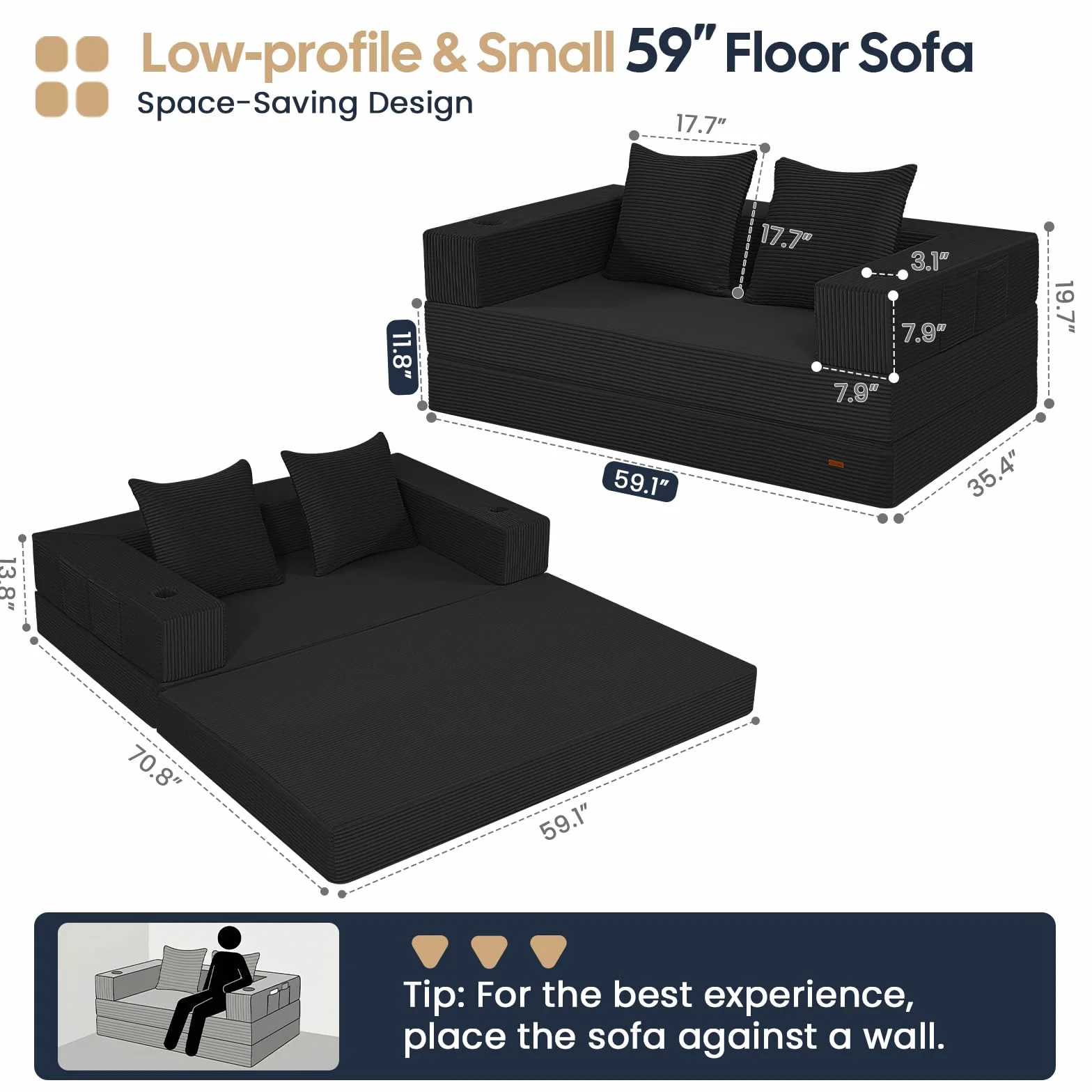 COMAX Futon Sofa Bed, Convertible Sofa Bed, Folding Boneless Couches | Low-Profile Boneless Couch for Living Room, 11.8" H Low Seat Small 59" Foldable Floor Sleeper Mattress Lounge Space‑Saving