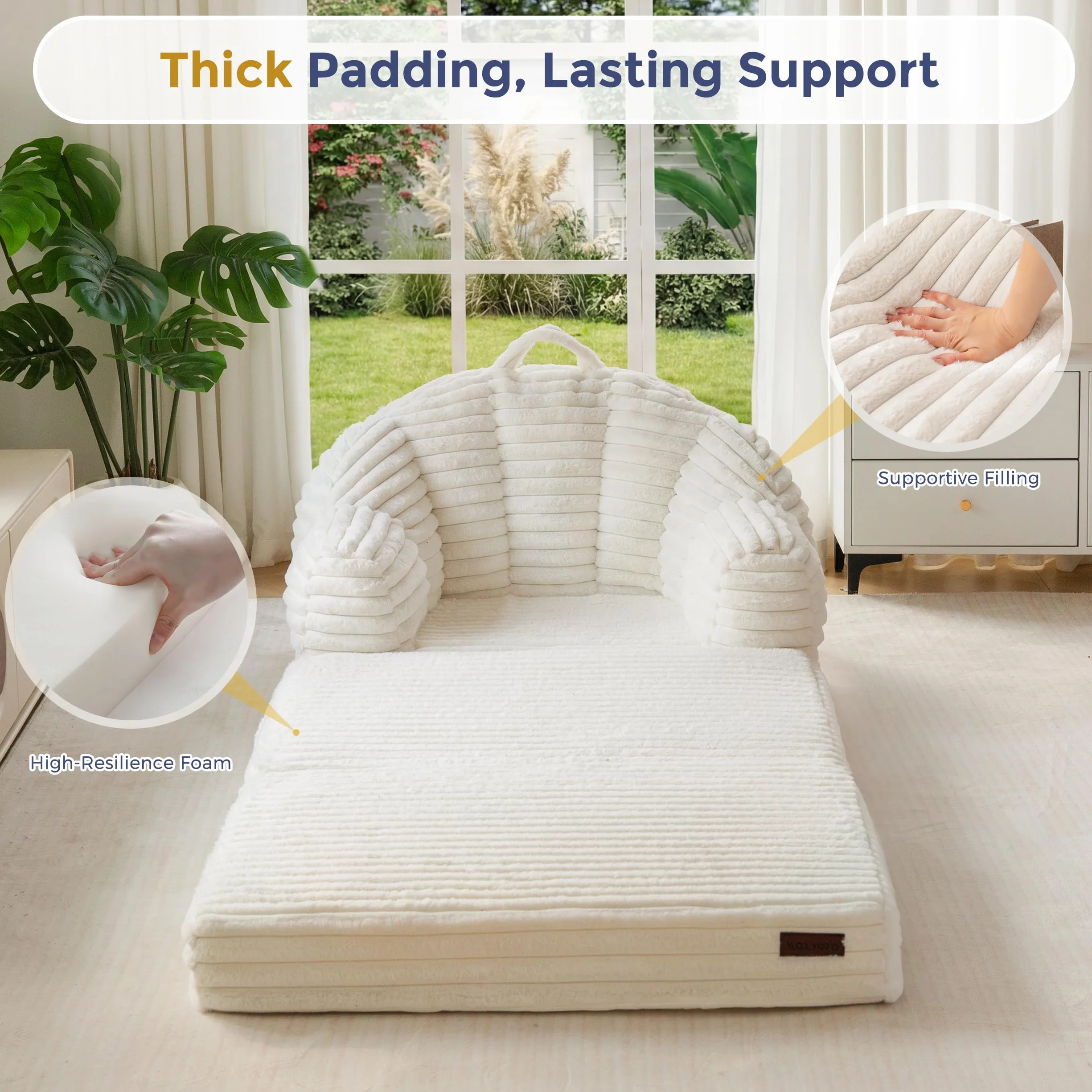 MAXYOYO Folding Sofa Bed Chair, Sleeper Chair for Adults, Faux Fur, Single | 2-in-1 Fold-Out Chair Bed, Convertible Floor Lounger with Carry Handle for Reading or Relaxing , Beige