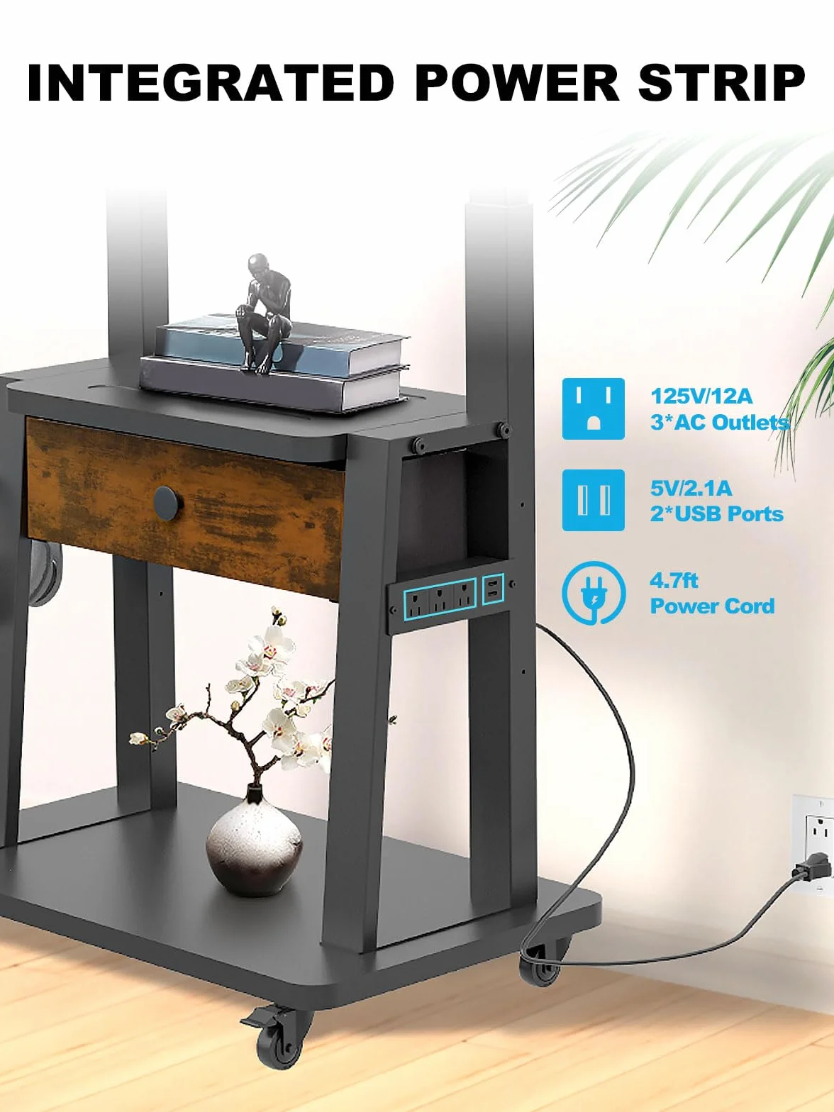 Rolling TV Stand with Power Outlet and Fabric Drawer for 32-75 Inch Flat/Curved Screen up to 220lbs LCD/LED/OLED Adjustable Height Mobile TV Cart with Wheels for Home Office Max VESA 600x400mm
