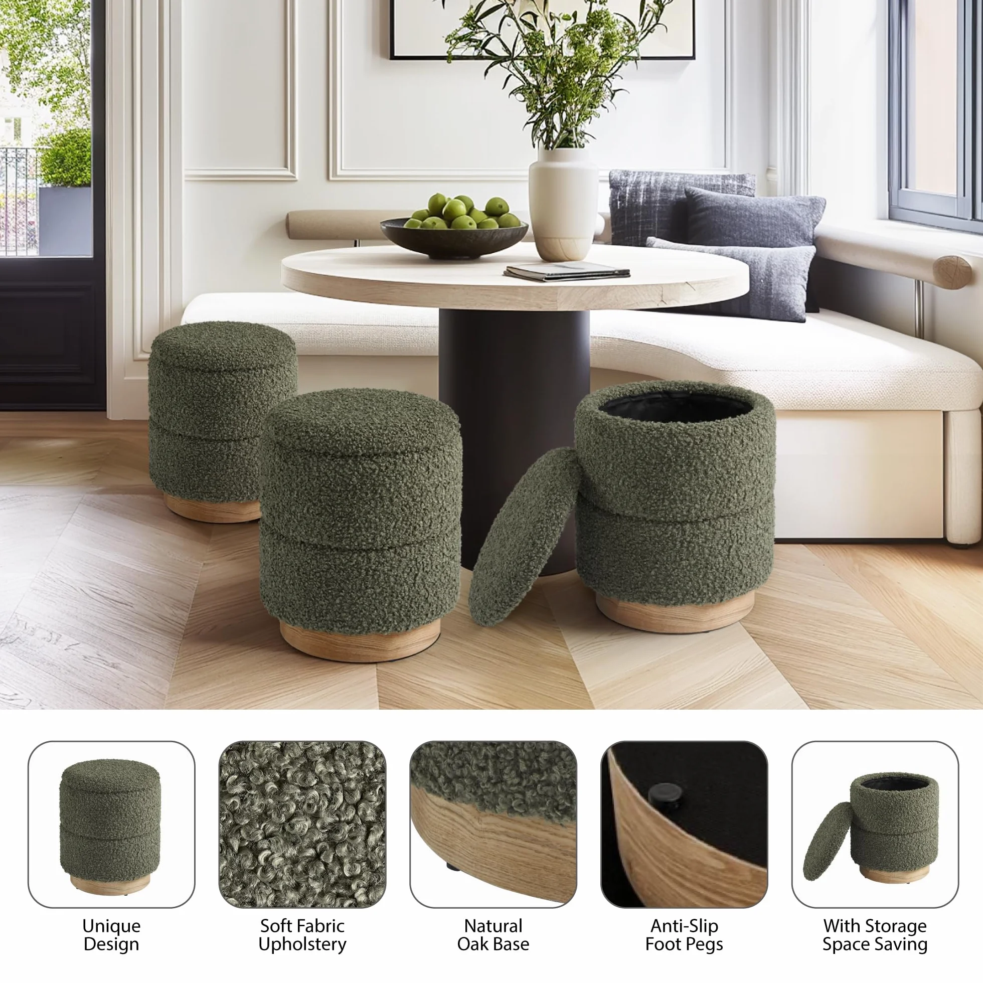 Round Ottoman with Storage, Modern Boucle Ottoman Upholstered Foot Stool with Wood Base, Vanity Stool Chair, Footrest Extra Seat for Living Room Bedroom Entryway (Olive Green)