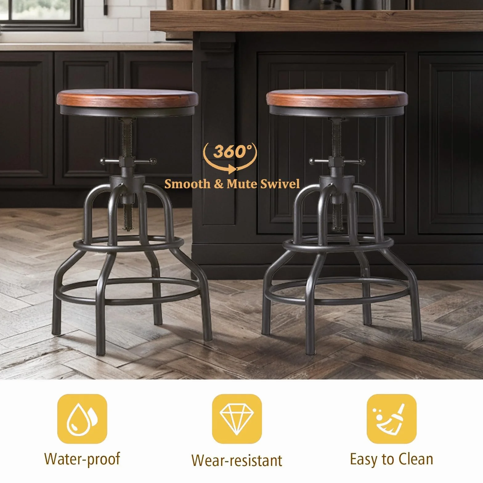 Vintage Industrial Bar Stool-Rustic Swivel Barstools-Round Wood Metal Base-Kitchen Counter Height Adjustable Pipe Stool-Cast Steel Chairs 20-27 Inch (Set of 2)