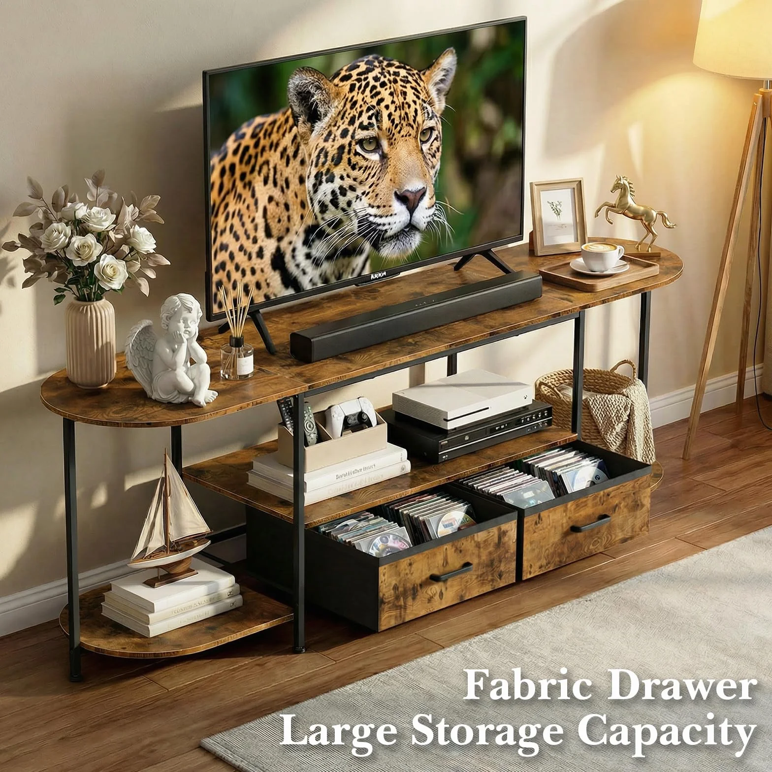 Faesun 63" TV Stand for TVs up to 75 Inches, Curved Edge Media Console & Entertainment Center with 2 Fabric Drawers, Modern TV Console Table for Living Room or Bedroom, Rustic Brown