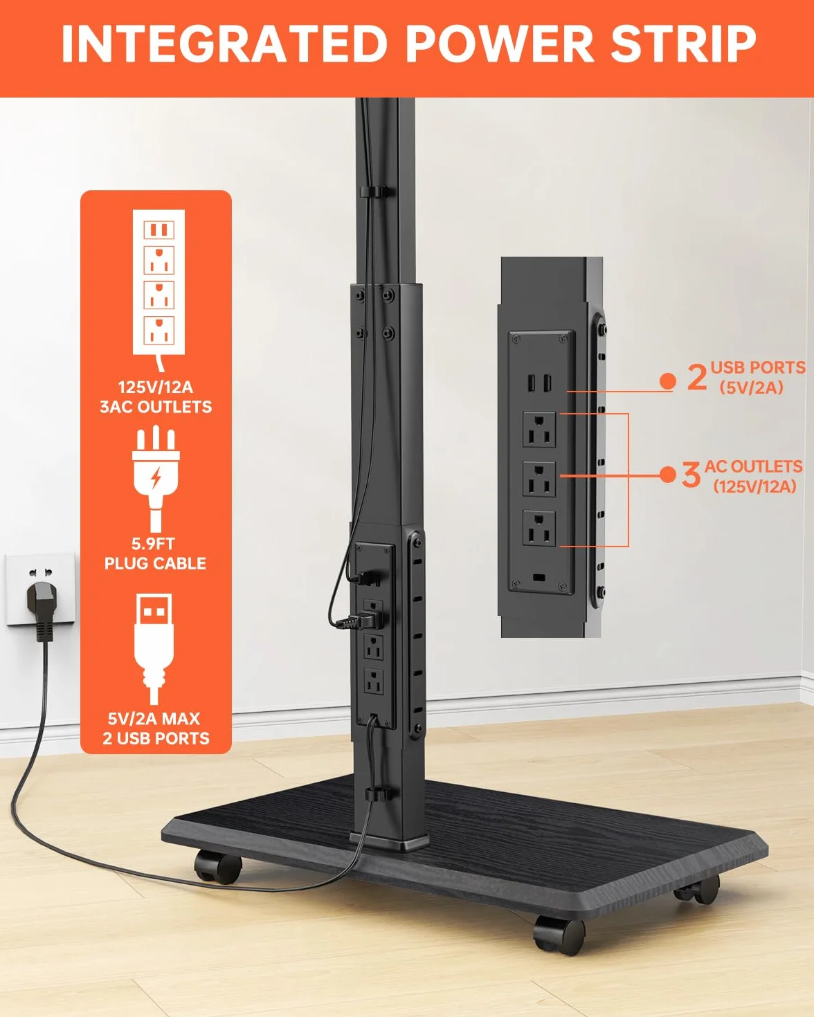 Afaloona Rolling TV Stand for 32-75" TV with Power Outlet,Height Adjustable | Mobile TV cart with 18 height settings, up to 110 lbs, ±30° swivel and Max VESA 600×400mm for homes, offices and classrooms.