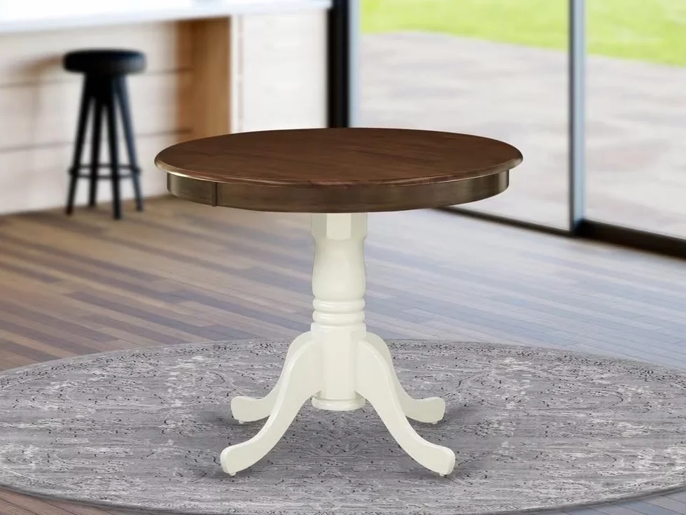 East West Furniture AMT-WLW-TP Antique Kitchen Dining Table - a Round Wooden Table Top with Pedestal Base, 36x36 Inch, Walnut & Linen White