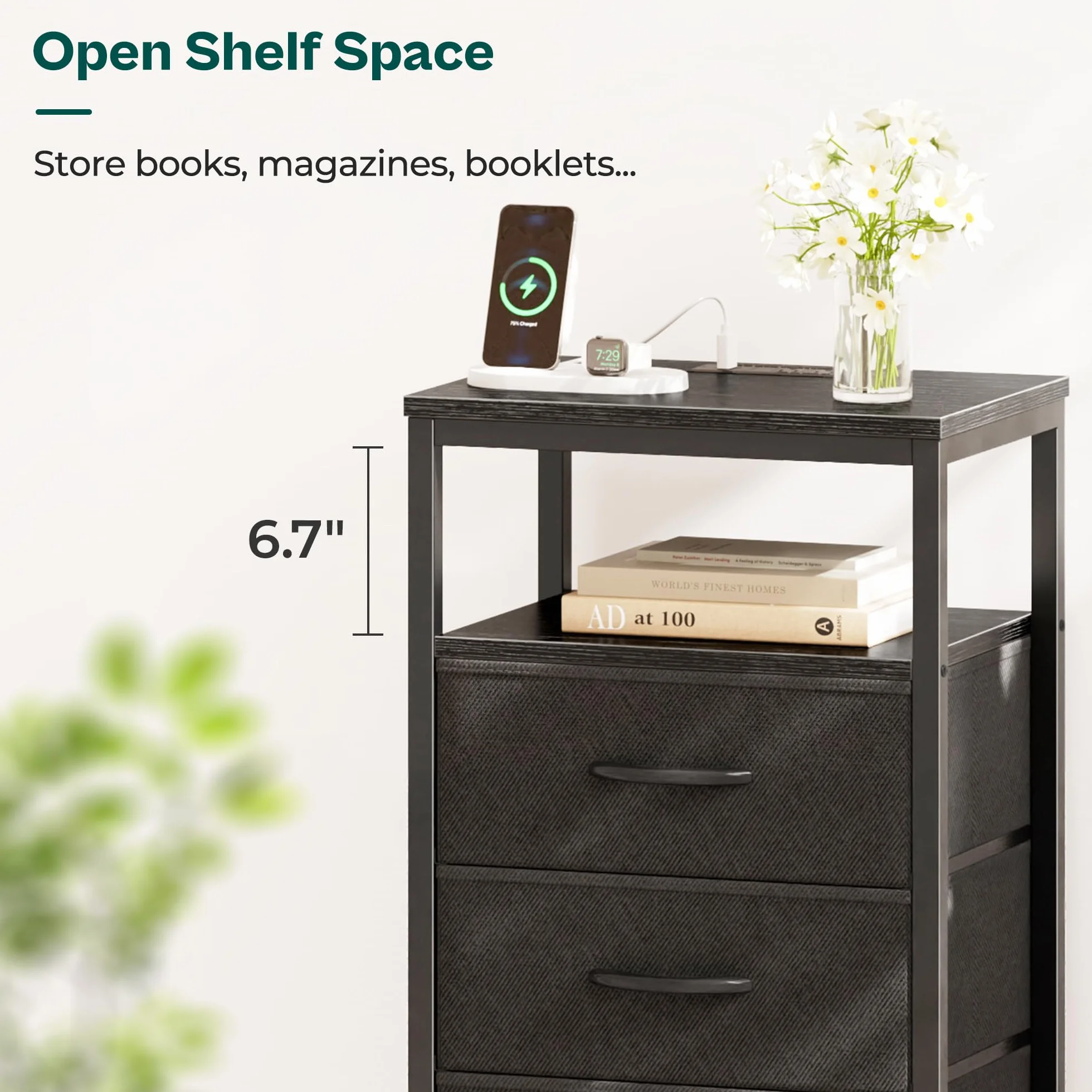 Huuger 5 Drawers Dresser with Charging Station, Dresser for Bedroom, Tall Night Stand, Chest of Drawers with Open Shelf, Bedside Table Nightstand, Fabric Storage Drawers, for Entryway, Black
