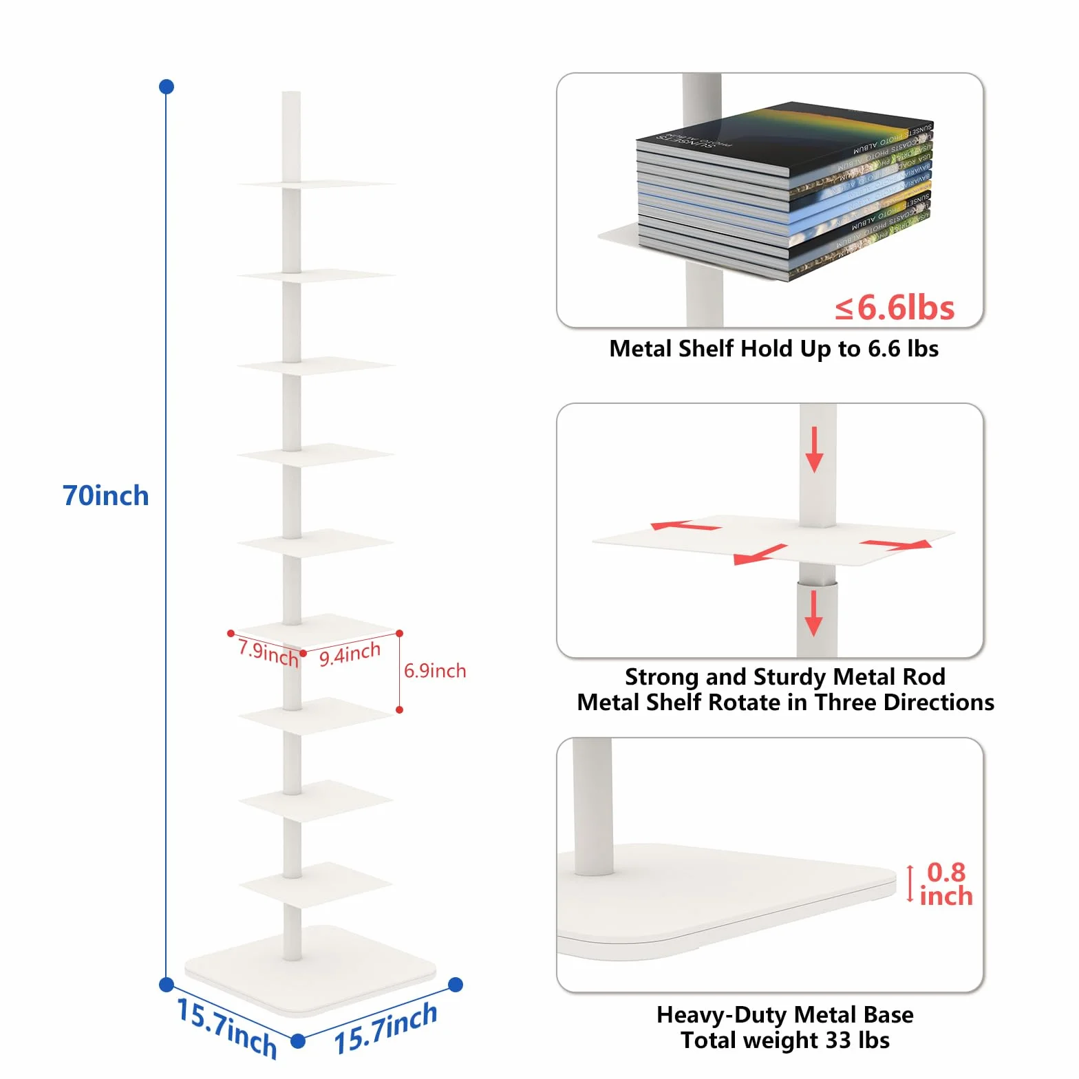 Choowin 9-Shelf Metal Spine Bookshelf Vertical Bookshelf, Adjustable Modern Floating Narrow Tree Book Shelf Book Tower, Display Shelf for Bedroom Living Room Office, 70 inch Tall, White