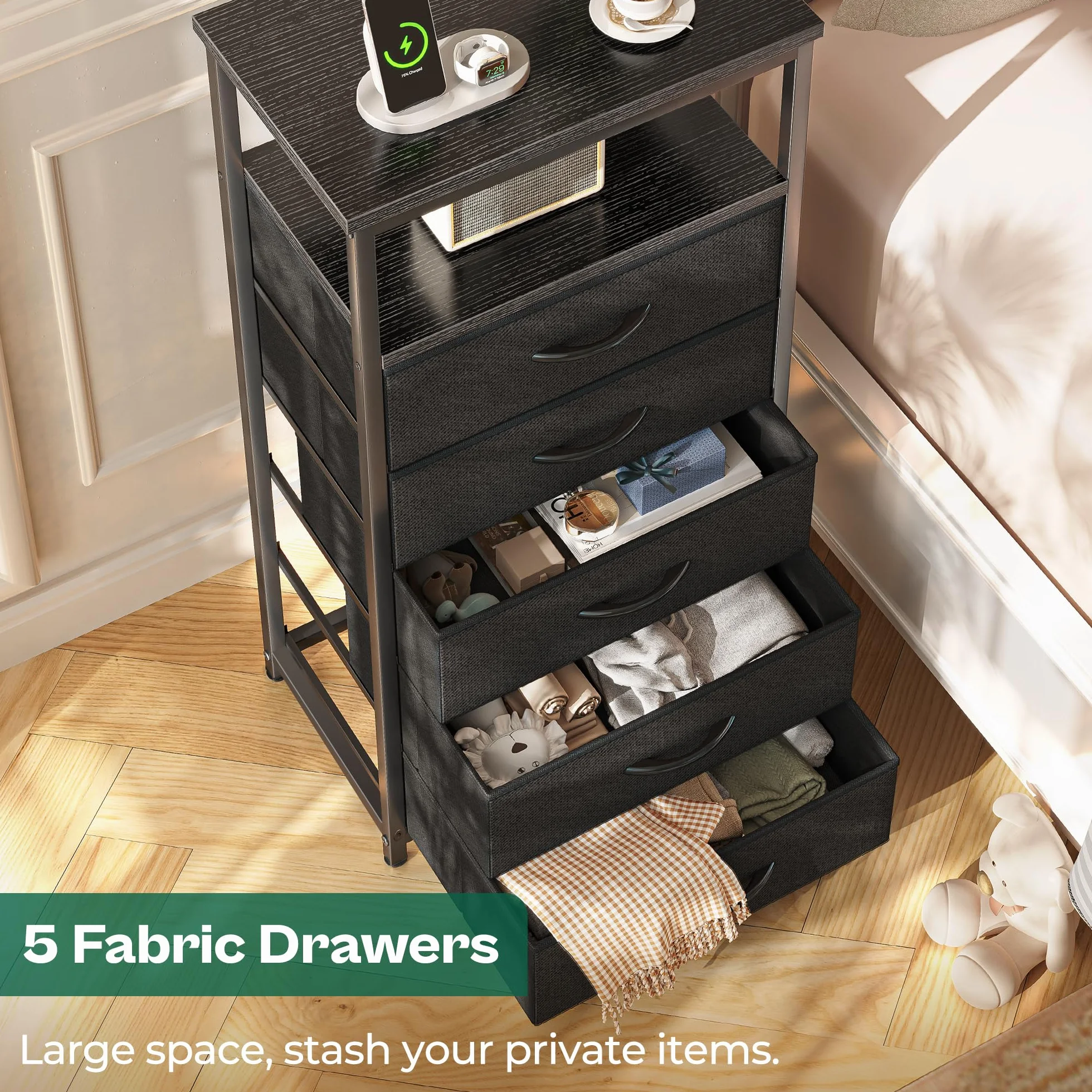 Huuger 5 Drawers Dresser with Charging Station, Dresser for Bedroom, Tall Night Stand, Chest of Drawers with Open Shelf, Bedside Table Nightstand, Fabric Storage Drawers, for Entryway, Black