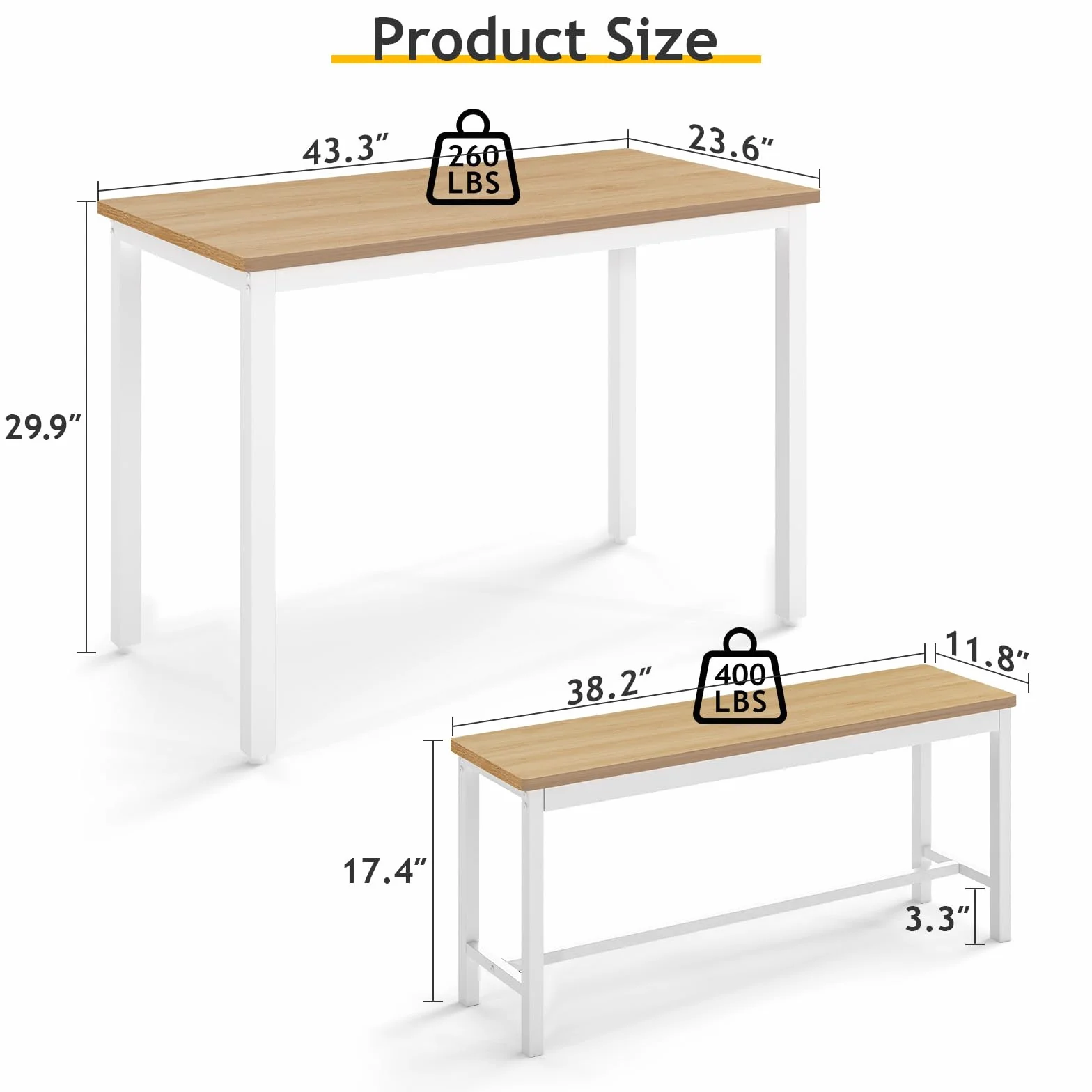 Rovibek 43" Dining Room Table Chairs Set for 4, Modern Space Saving Kitchen Table with 2 Benches & Adjustable Feet Breakfast Table, Wooden Industrial Style Farmhouse, White
