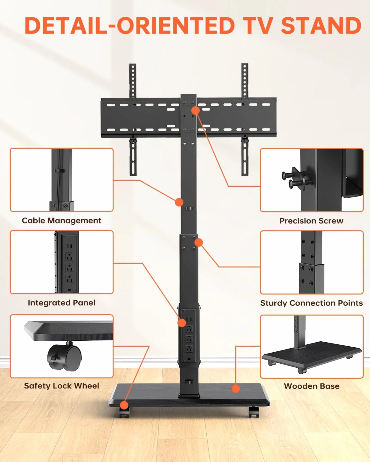 Afaloona Rolling TV Stand for 32-75" TV with Power Outlet,Height Adjustable | Mobile TV cart with 18 height settings, up to 110 lbs, ±30° swivel and Max VESA 600×400mm for homes, offices and classrooms.