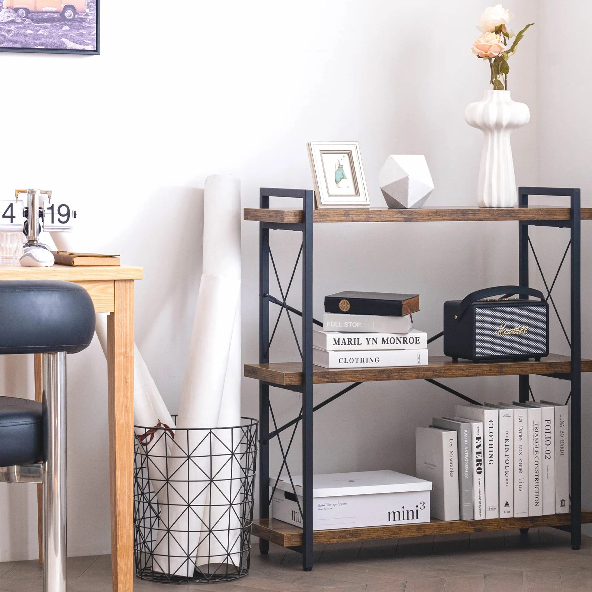 HCHQHS 3-Tier Industrial Bookshelf, 35" W x 12" D x 35" H | 1.2" Shelf Thickness, 14.17" Shelf Height, Wood and Metal, Horizontal, Rustic Brown, for Office Living Room Bedroom
