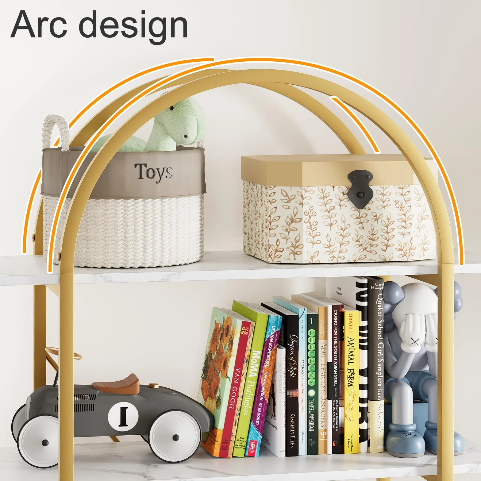Arbuxzuy 6 Tier Bookshelf, 83" Tall Arched Bookcase, Tall Book Shelf with Metal Frame, Modern Display Standing Shelf for Living Room, Home Office, Bedroom, Gold