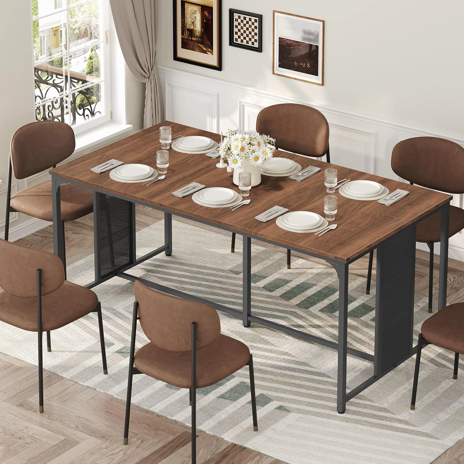 63" Dining Table for 6-8 People, Modern Large Kitchen Table | Heat-Resistant Tabletop, Unique Rectangular Dinner Table, Wooden, Quick Assembly, for Dining Room, Kitchen, Natural Walnut