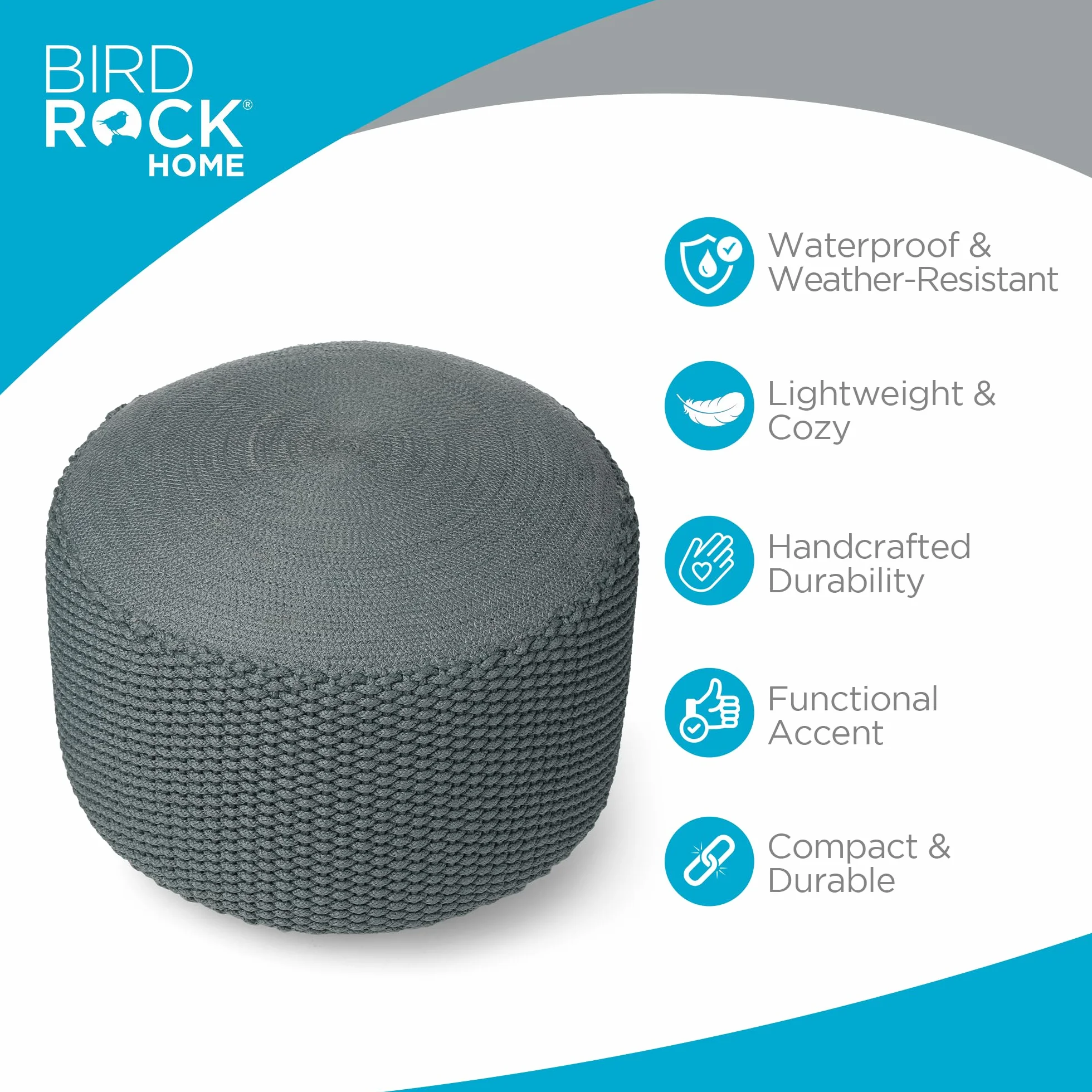 BIRDROCK HOME Outdoor Pouf Ottoman - Mist - Woven Indoor or Backyard Patio Use - Floor Footstool for Living Room- Knit Bean Bag - Oversized Padded Chair - Moroccan Foot Rest