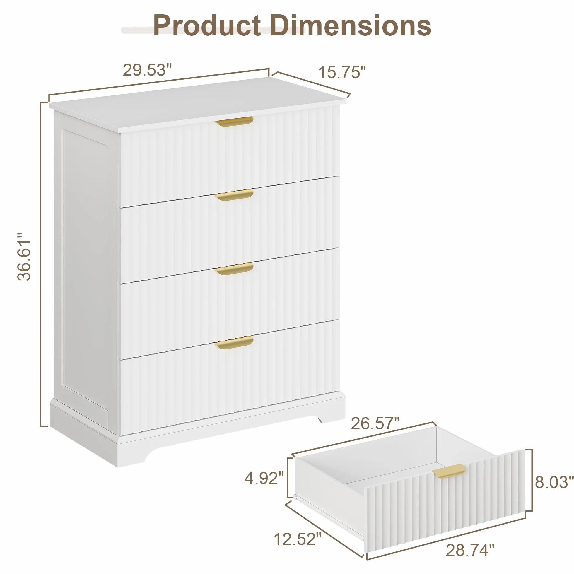 Wooden 4 Drawer Dresser for Bedroom, 36.6 in Tall Fluted Dresser with Metal Handles, Modern Chest of Drawers for Bedroom, Living Room, Entryway, White