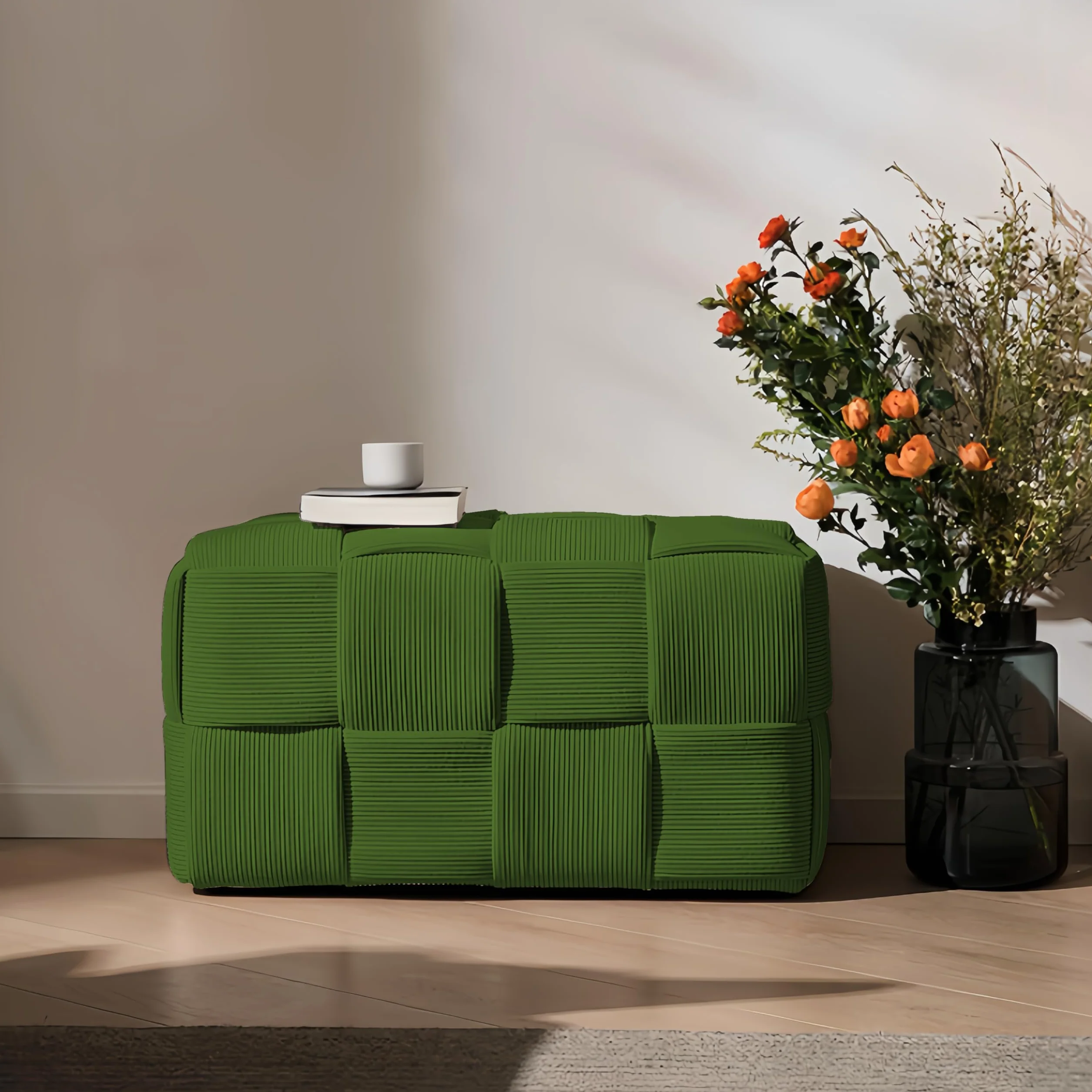 Cmishe 28" Rectangular Woven Corduroy Ottoman Footrest - Large Modern Entryway Bench & Bed End Stool, Sturdy Wood Frame, No Assembly (Green-L)