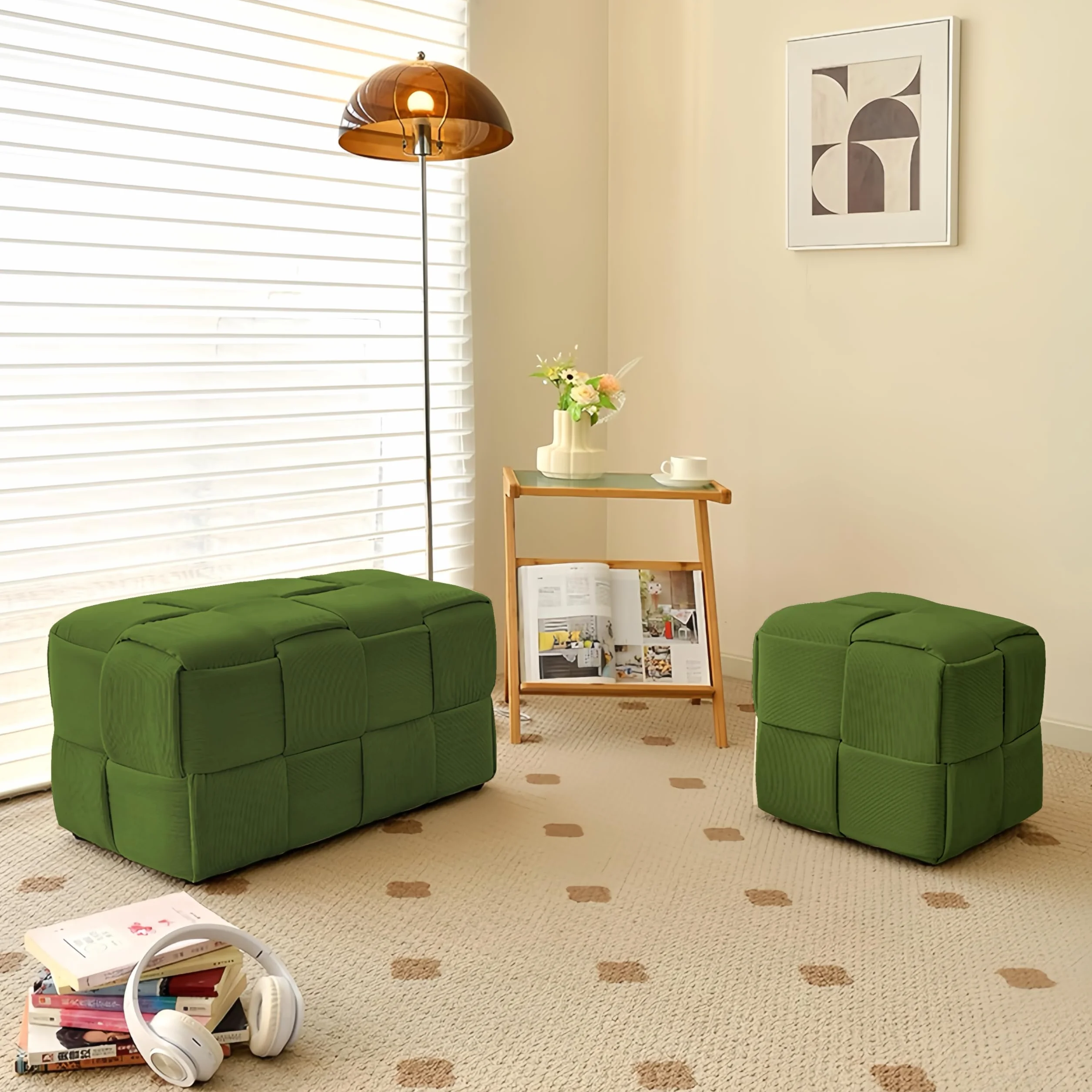 Cmishe 28" Rectangular Woven Corduroy Ottoman Footrest - Large Modern Entryway Bench & Bed End Stool, Sturdy Wood Frame, No Assembly (Green-L)