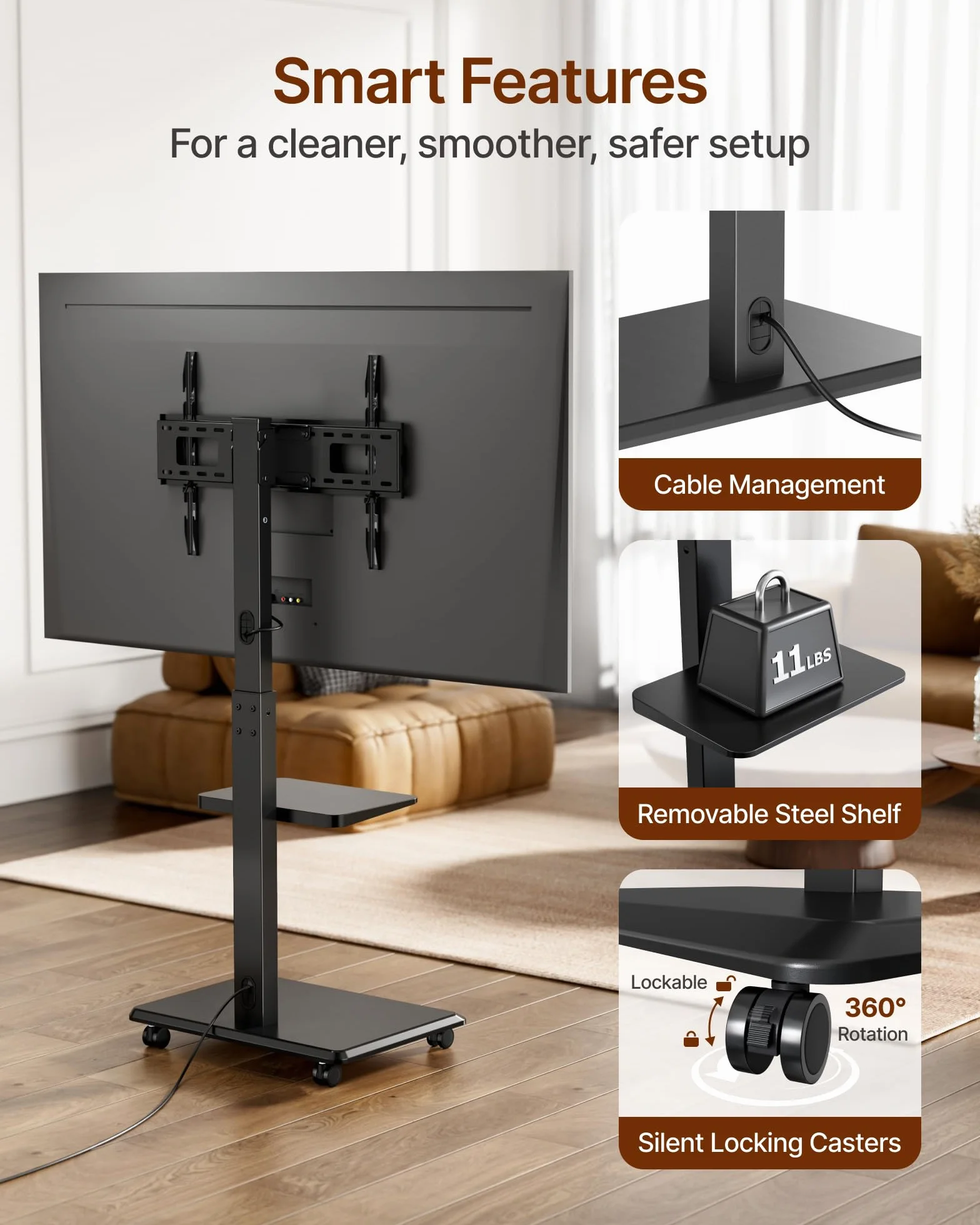 Steel Base Rolling TV Stand for 32-75 inch TVs up to 110 lbs, Black | Leveling&Tilt&Swivel Mobile TV Stand, Hidden Wire Management, Height Adjustable Portable TV Stand, Large Storage,Steel Shelf
