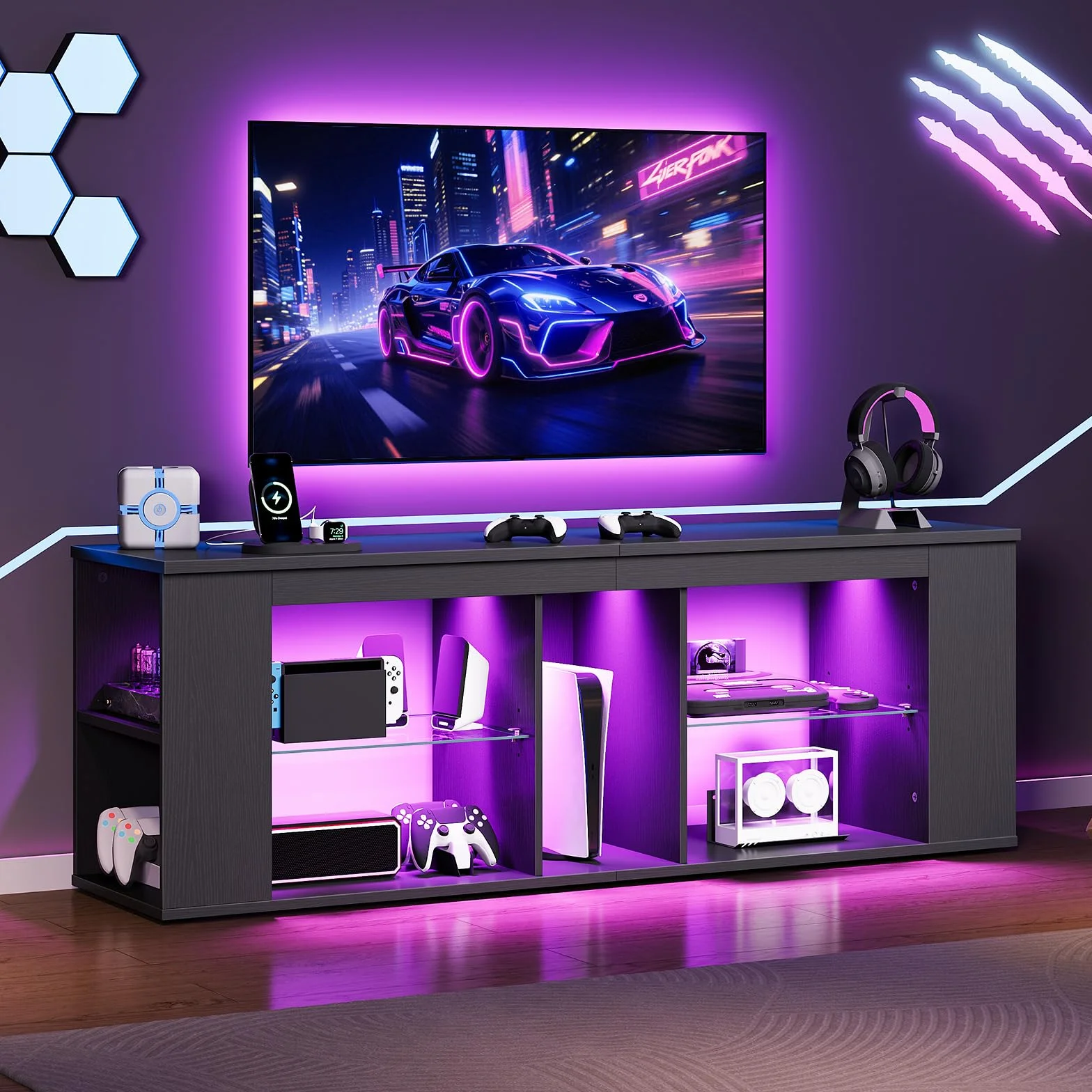 55" TV Stand for up to 65" TVs with RGB LED Lights, Built-in Power Outlet, Adjustable Glass Shelves & Open Storage, Modern Media Console for Living Room & Game Room, Black MDS05UDBB
