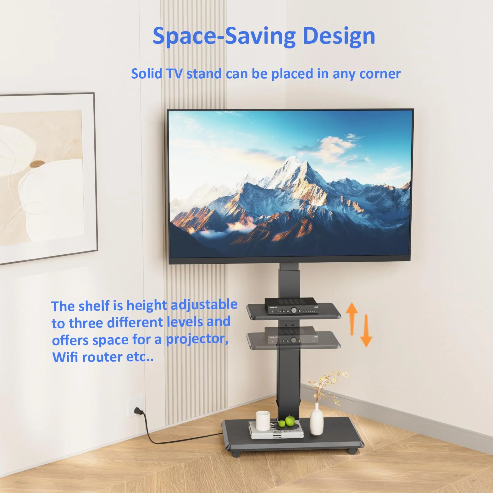 Afaloona Rolling TV Stand with Power Outlet for 32-75" TV, Max Load 110 lbs | Mobile TV cart with 18 height adjustments, ±30° swivel, media shelf and Max VESA 600×400mm for living room office and outdoor