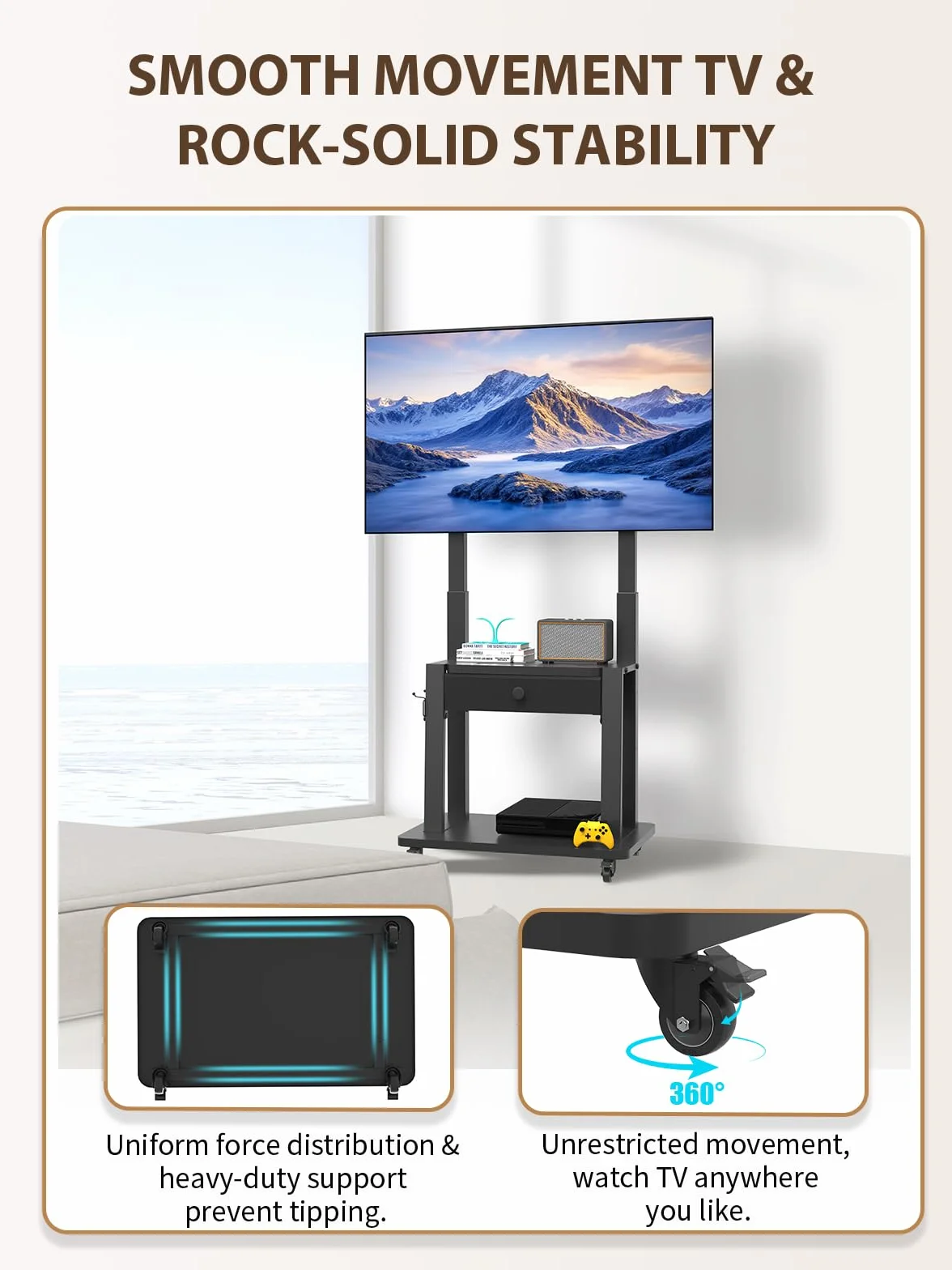 Rolling TV Stand with Fabric Drawer for 32-75 Inch Flat/Curved Screen Adjustable Height LCD/LED/OLED with Storage Mobile TV Cart on Wheels up to 220lbs for Home Office Outdoor Max VESA 600x400mm Black