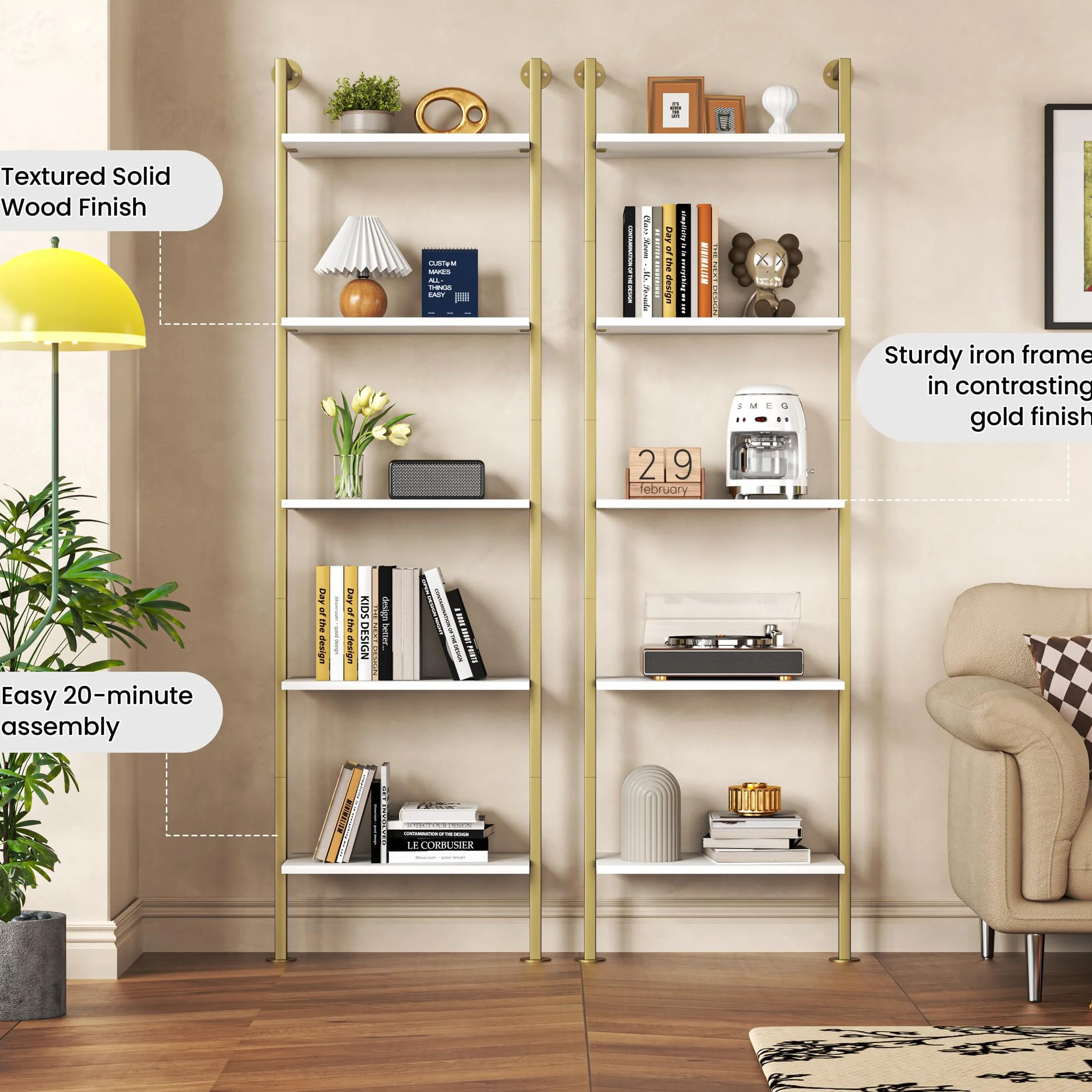 Acovy 5-Tier Bookshelf - Solid Wood Narrow Bookcase Set of 2, Wall Mount Ladder Shelf, Storage Rack for Living Room, Bedroom, Bathroom, White and Gold