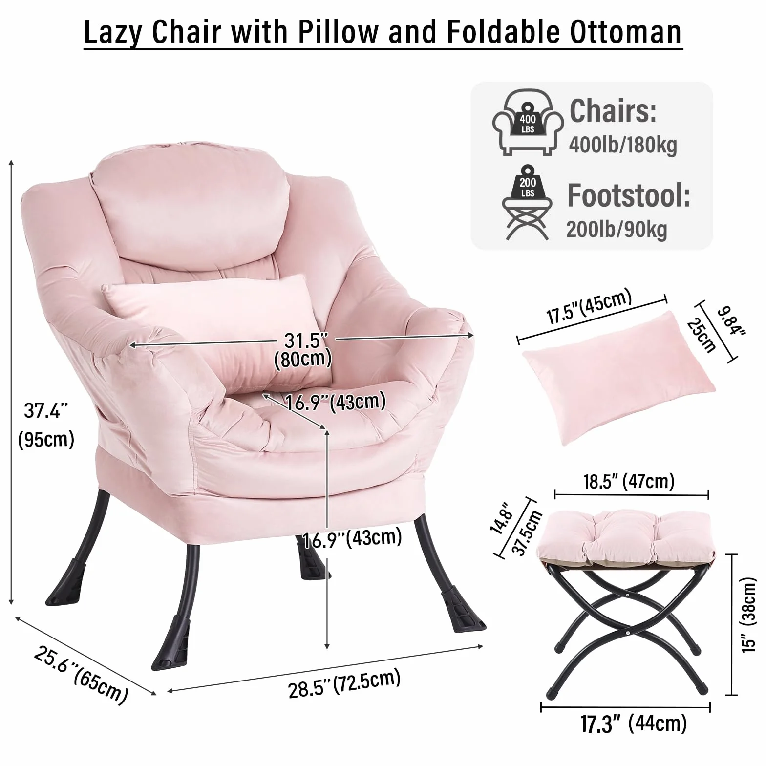 Lazy Chair with Ottoman, Velvet Reading Chair with Pillow，Pink | Comfy Accent Lounge Chair with Pillow & folding Foot Stool, sturdy metal frame for bedroom, dorm or apartment, Living Room