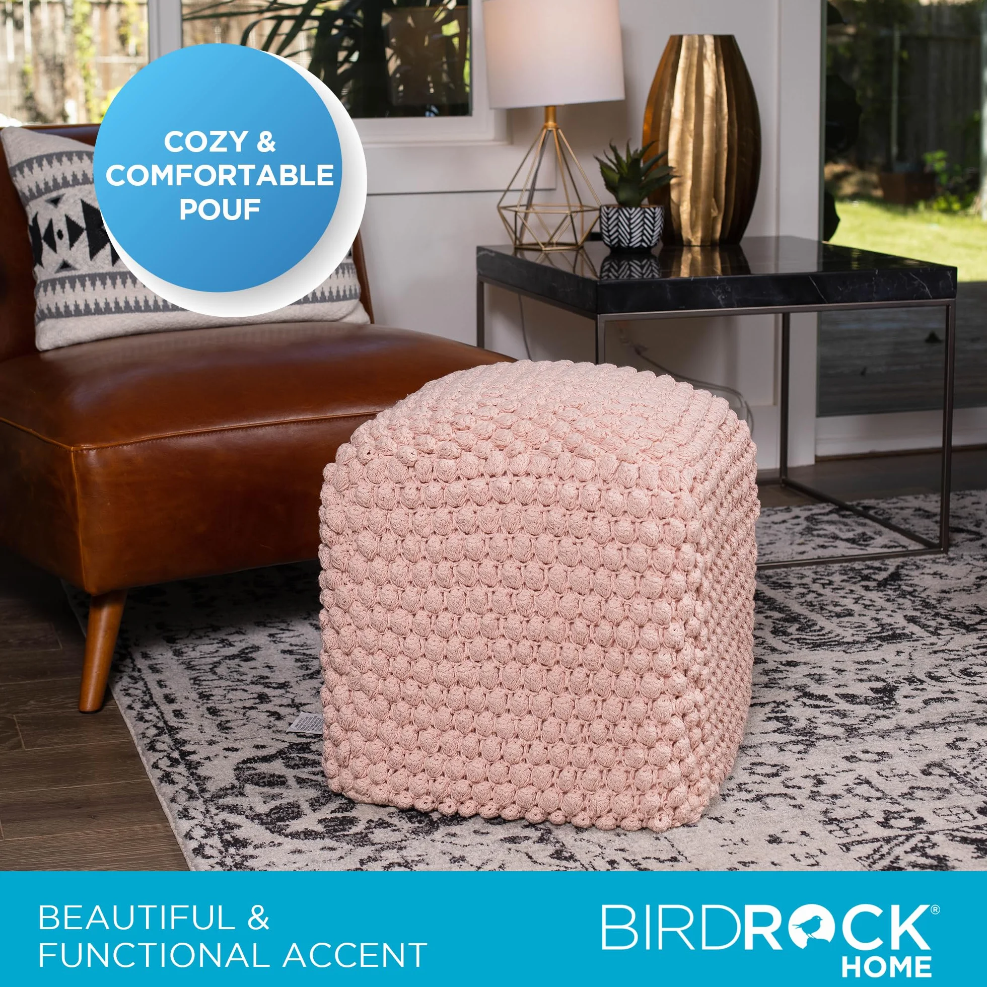 BIRDROCK HOME Square Pouf Ottoman Foot Rest - 18” Compact Comfortable Soft Cotton Knit Bean Bag Floor - Chair Foot Stool Seat for Living Room, Bedroom, or Kids Room (Dusty Rose Pink Bud)