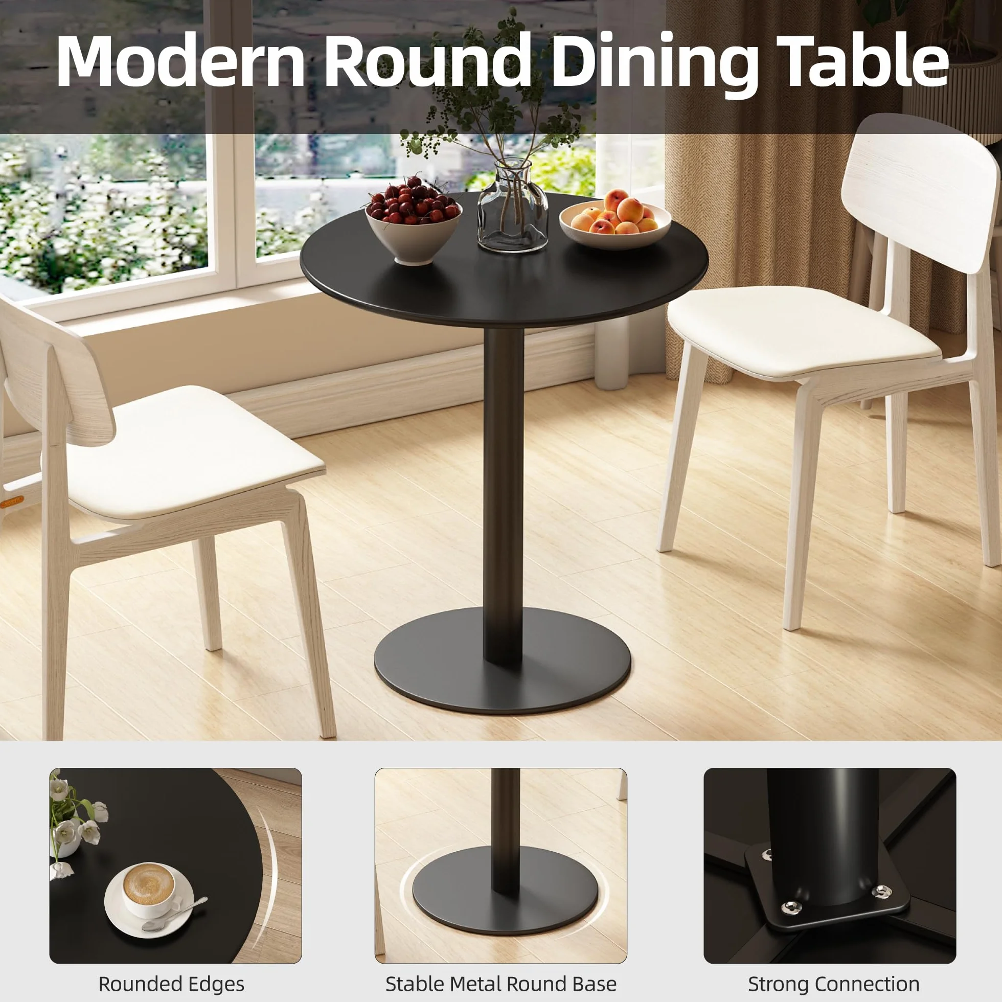 Round Dining Table 24" Circle Tulip Table for 2 People,Black | Mid Century Modern Leisure Kitchen Tables with Metal Thickened Tabletop & Sturdy Metal Pedestal Small Places Living Room Cafe