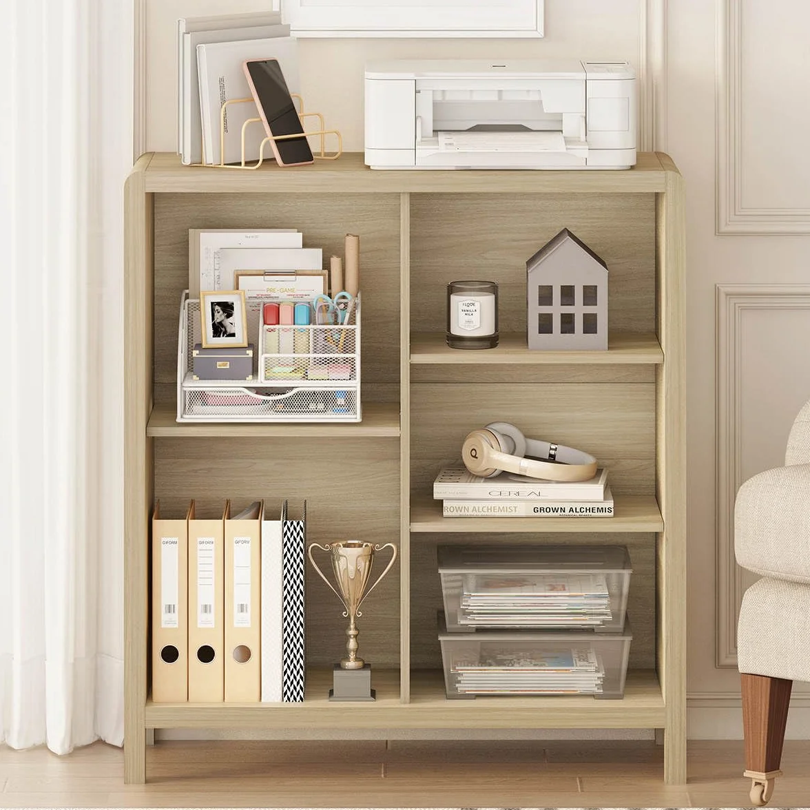 5 Cube Bookshelf, Wood Bookcase with 3 Adjustable Shelves, Modern Cube Storage Organizer Shelf for Home Office (Light Walnut)