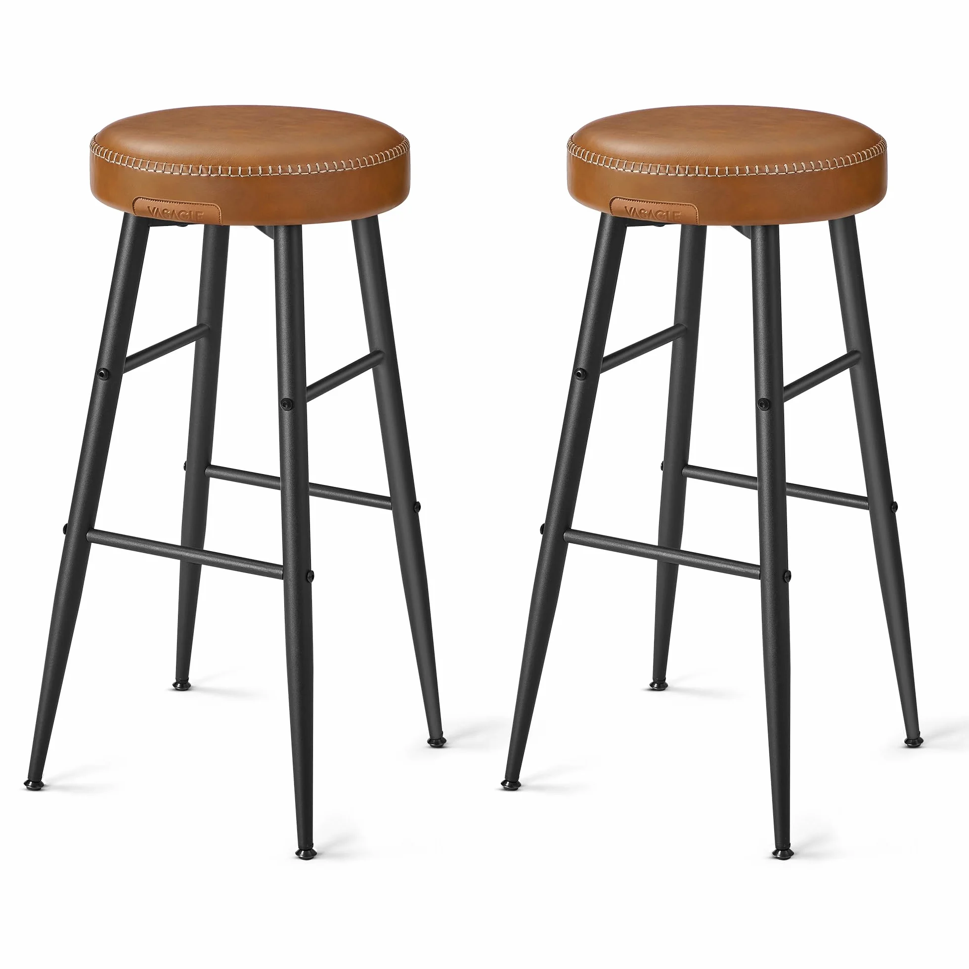 VASAGLE EKHO Collection - Bar Stools Set of 2, Kitchen Counter Stools, Breakfast Stools, Synthetic Leather with Stitching, Mid-Century Modern, 30-Inch Tall, Home Bar, Caramel Brown ULBC090K01V1