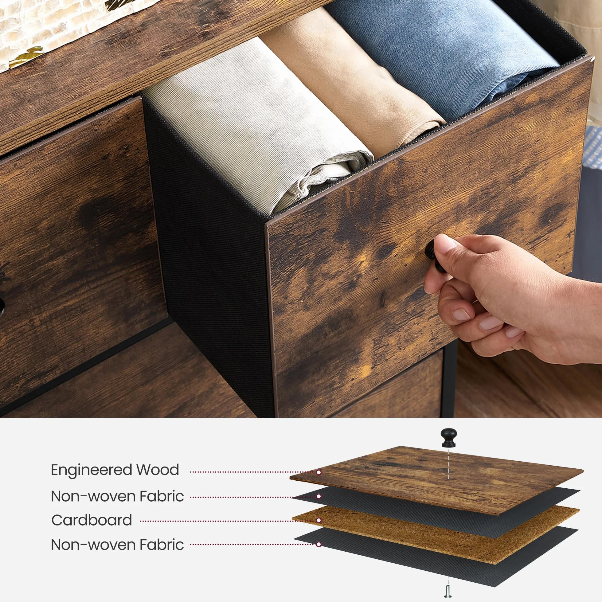 SONGMICS Drawer Dresser, Storage Dresser Tower with 5 Fabric Drawers, Wooden Front and Top, Industrial Style Dresser Unit, for Living Room, Hallway, Nursery, Brown and Black ULGS45H