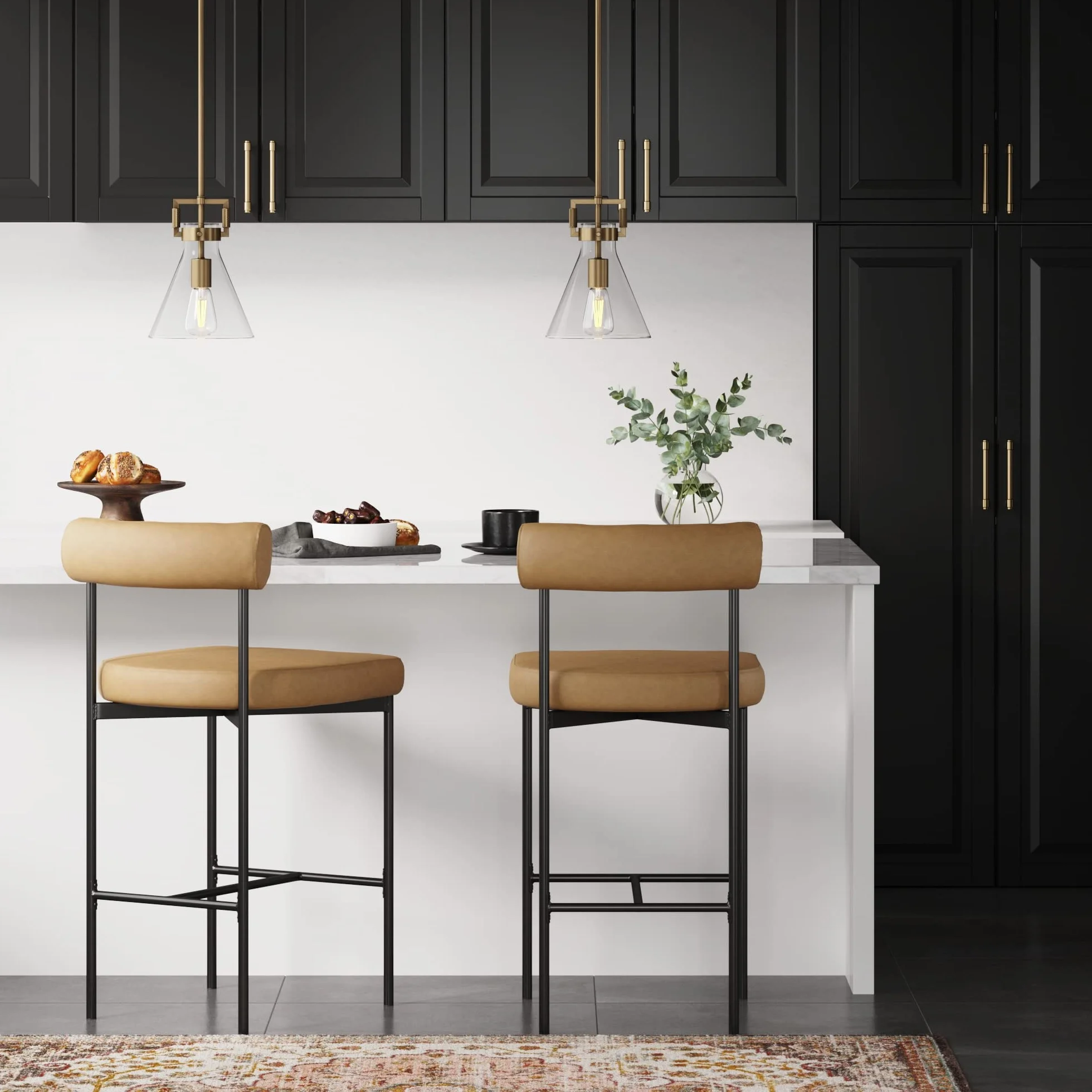 Nathan James Dahlia Counter Height Chair, Modern Barstool with Back, Mid-Century Metal Legs and Leather Padded Cushion for Kitchen, Island and Bars, Brown/Black