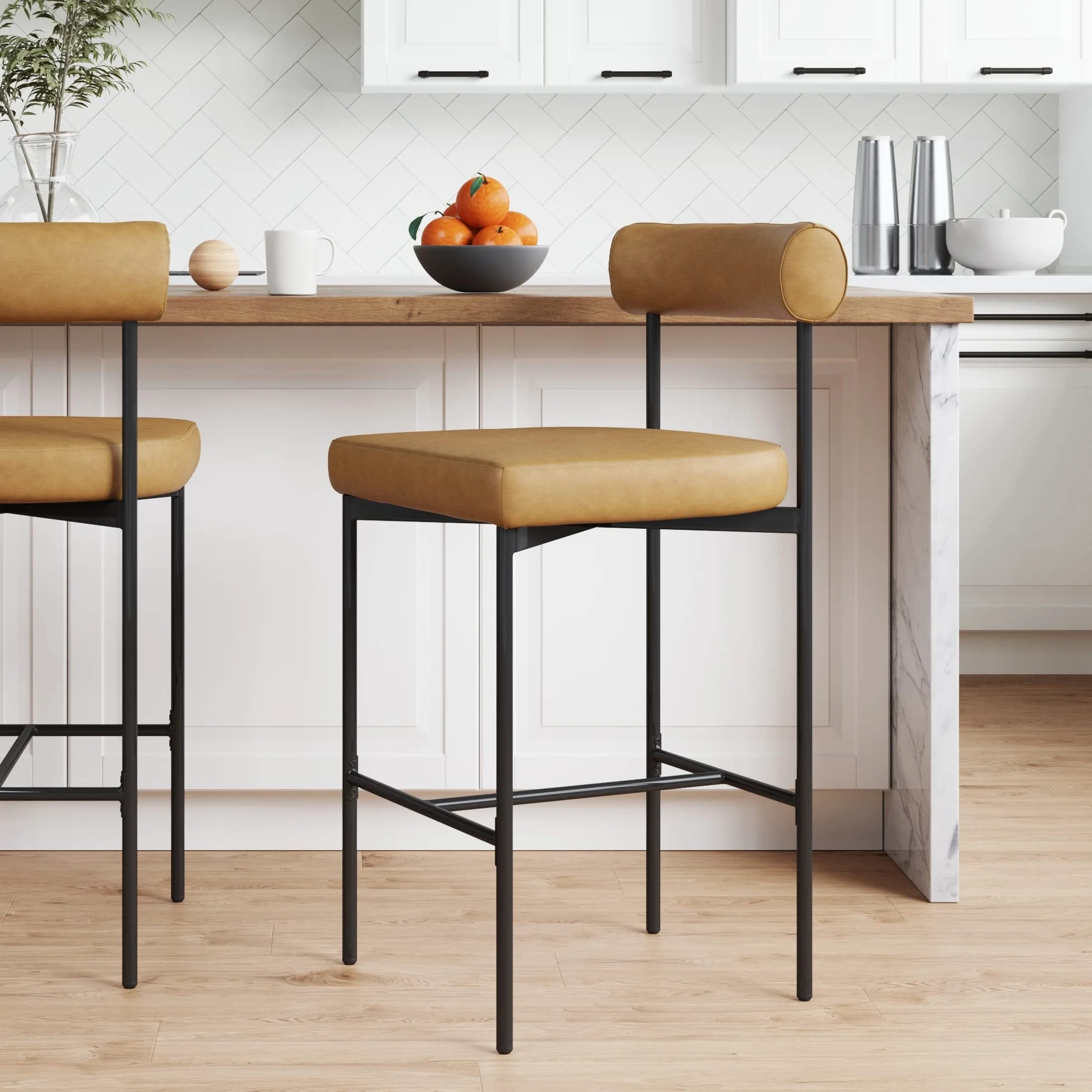 Nathan James Dahlia Counter Height Chair, Modern Barstool with Back, Mid-Century Metal Legs and Leather Padded Cushion for Kitchen, Island and Bars, Brown/Black