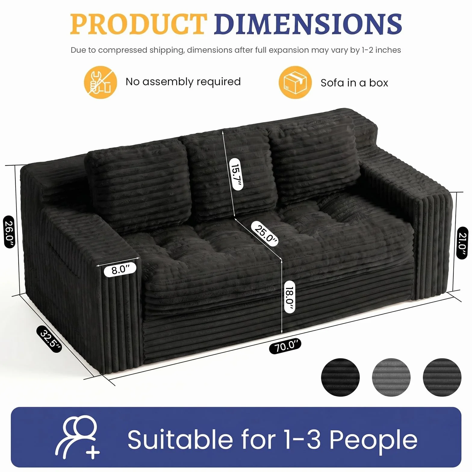 Boneless Couch, Cloud Loveseat Sofa Corduroy Couch in a Box, Upholstered Boneless 3 Seater Couch for Living Room Bedroom Office Apartment, No Assembly Required, Black