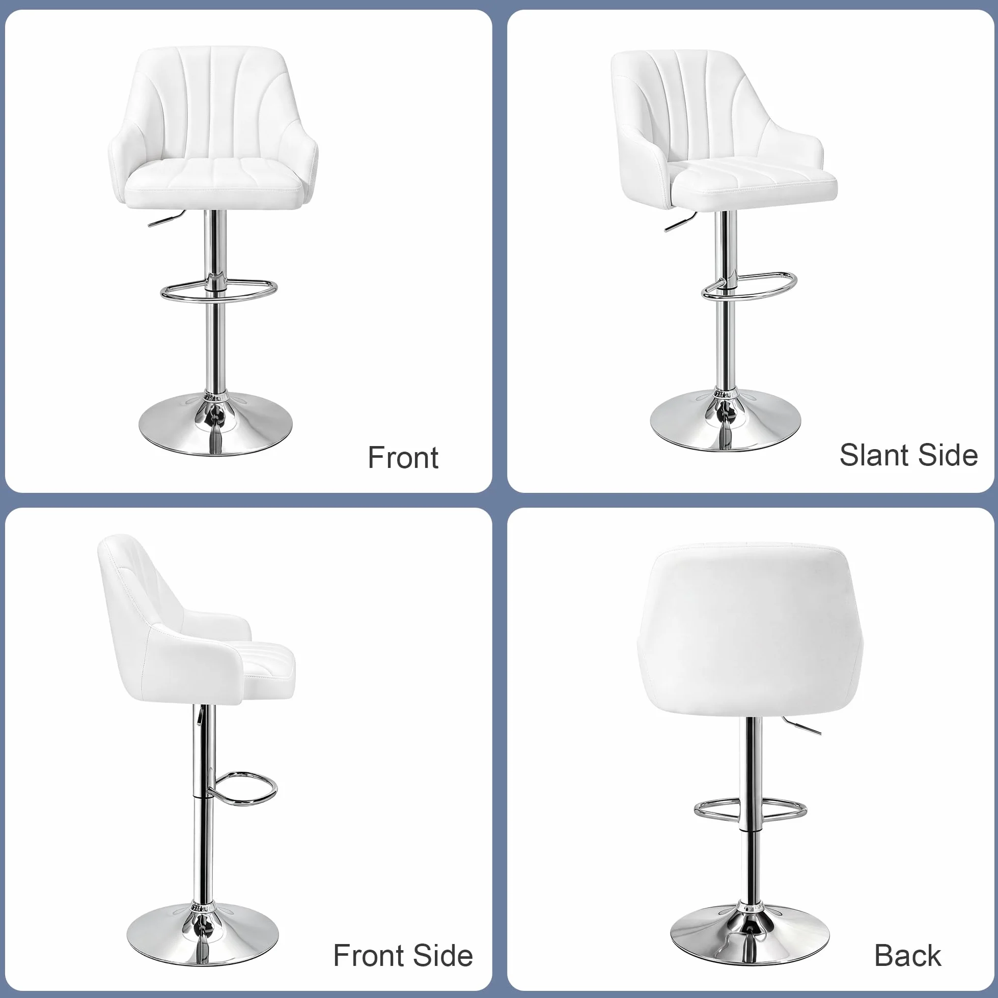 VECELO Bar Stools Set of 2, Adjustable Barstools, Counter Height Stools with Back and Arm, Kitchen Island Stools, Swivel PU Leather Stools, Modern Style, White