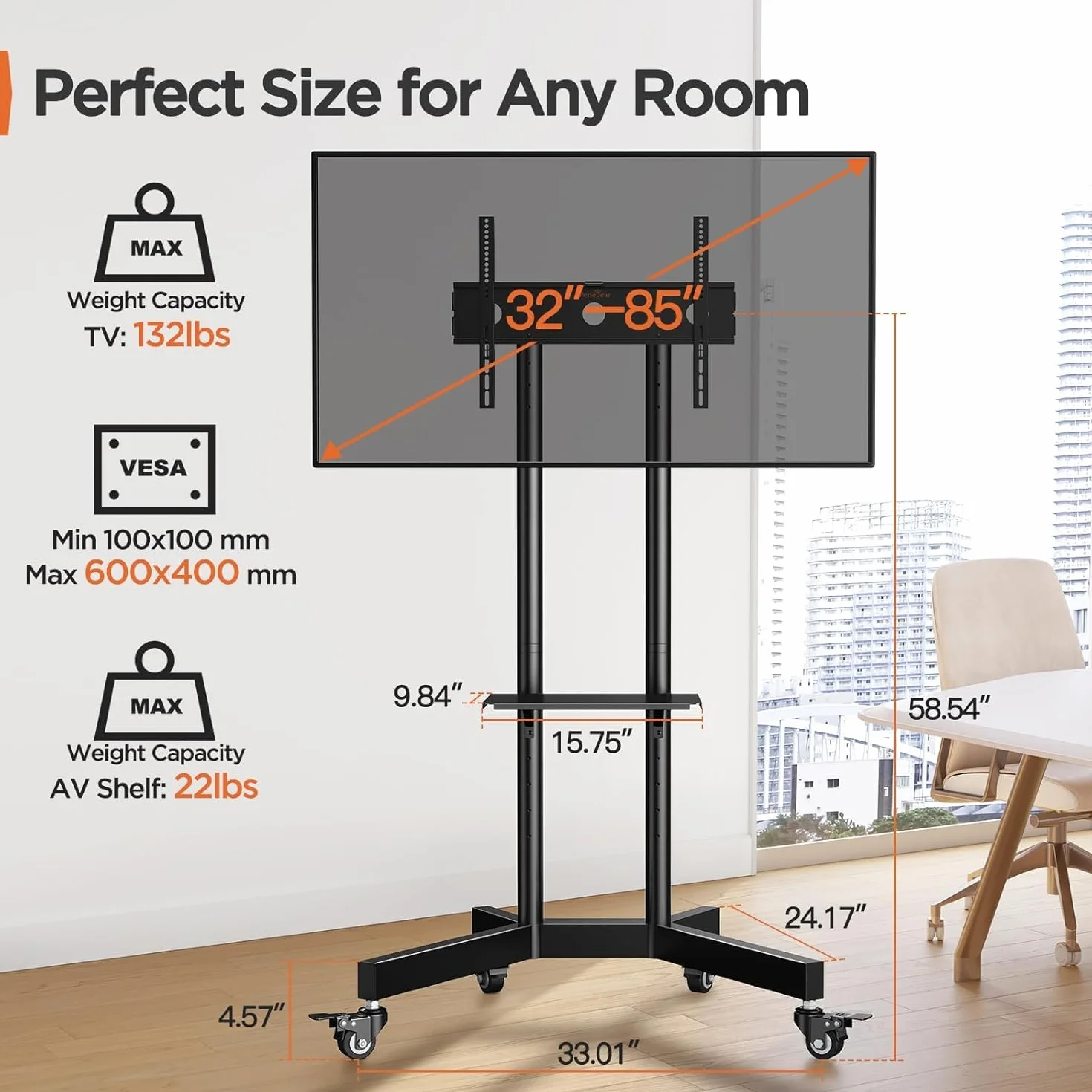 Perlegear Rolling TV Stand, Mobile TV Stand on Wheels for 32-85 Inch Screens up to 132 lbs, Height Adjustable Mobile TV Cart with Metal Shelf, Rolling TV Cart with Lockable Wheels Max VESA 600x400mm