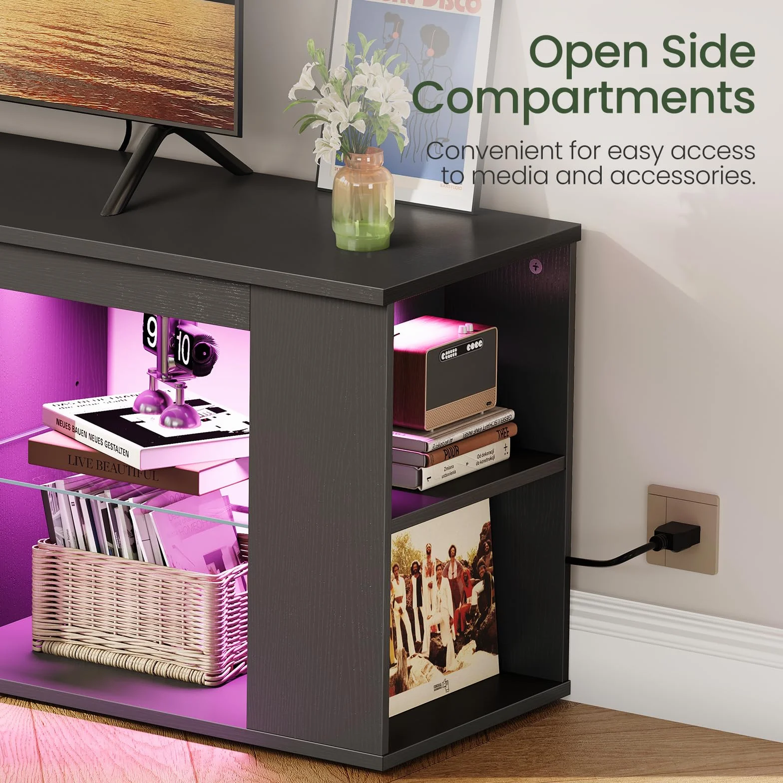 55" TV Stand for up to 65" TVs with RGB LED Lights, Built-in Power Outlet, Adjustable Glass Shelves & Open Storage, Modern Media Console for Living Room & Game Room, Black MDS05UDBB