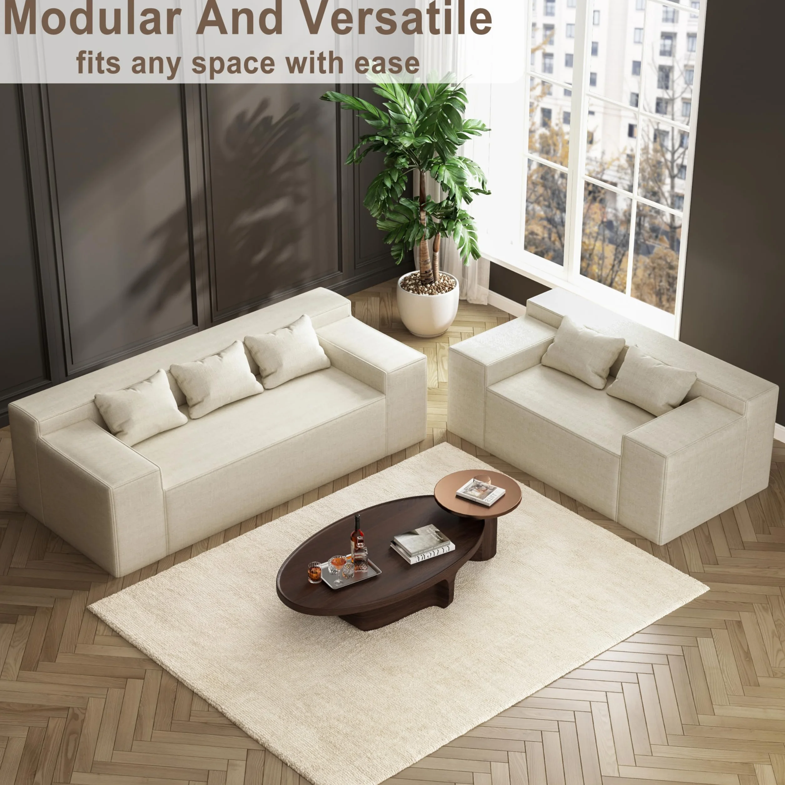 Modern 3-Seater Sofa, Hybrid Sofa in a Box, No Assembly Required, Comfy Sofa Couch with 3 Matching Pillows, Cat-Scratch Resistant Linen, Couch for Living Room or Bedroom, Beige