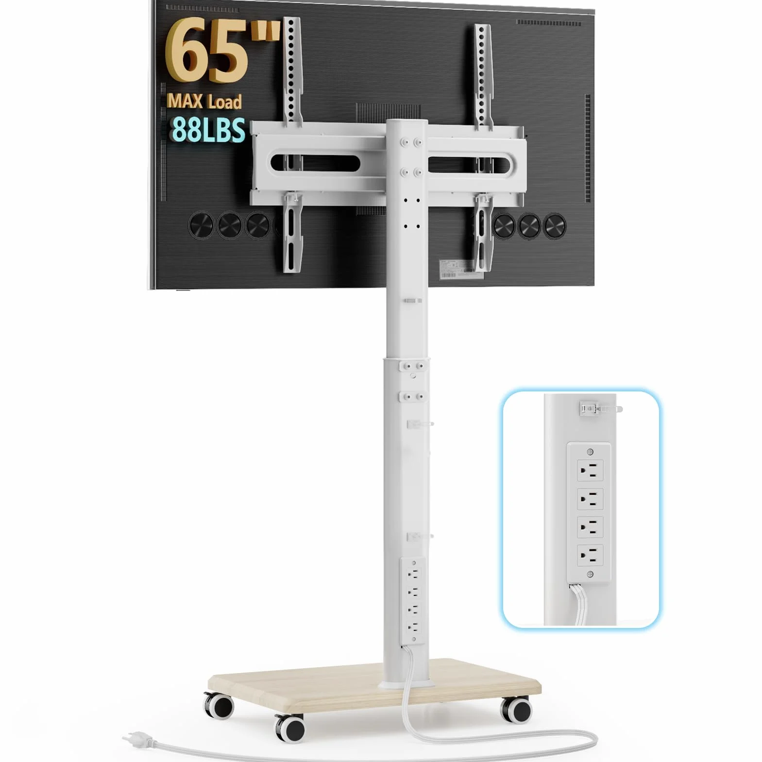 Mobile TV Stand with Power Outlets, Floor Portable TV Stand with Wheels for 27-65Inch LCD LED OLED Flat/Curved Panel Screen TVs, Swivel,Height Adjustable&Wood Base, RollingTV Cart White