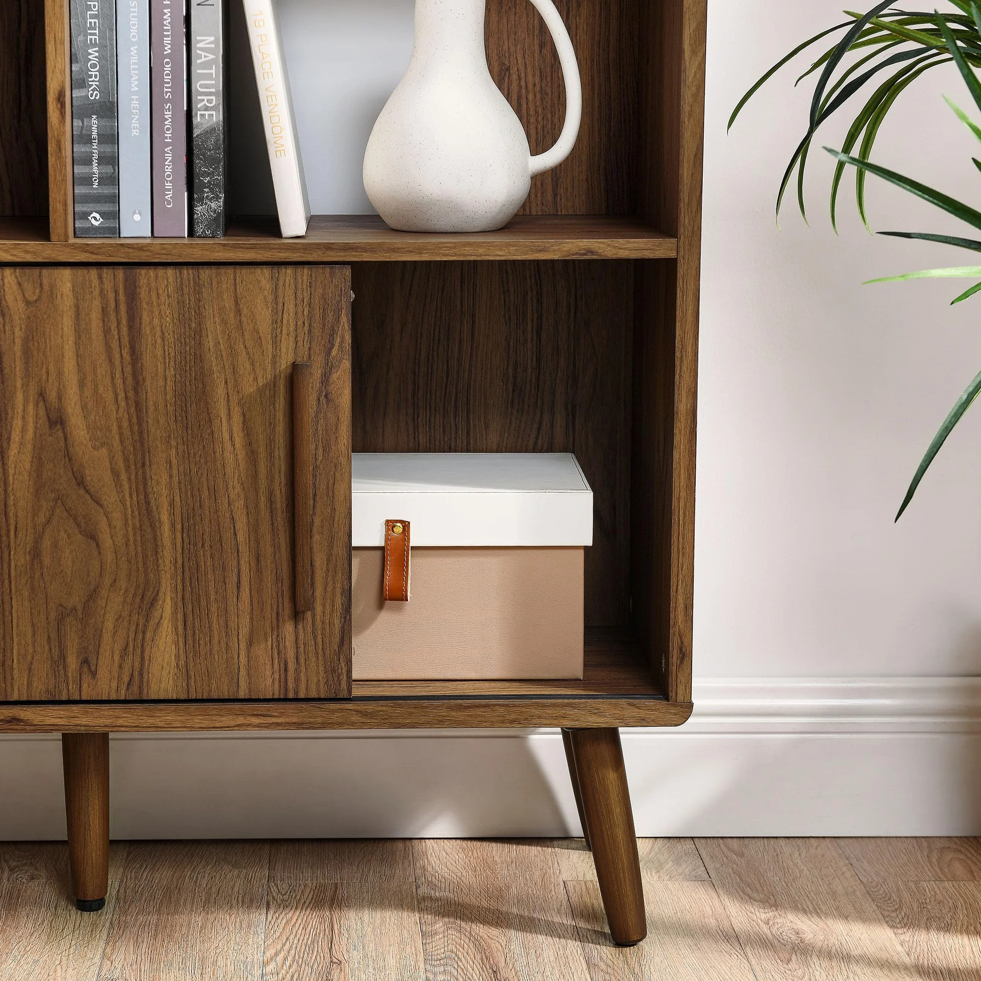Modway Transmit 14 Shelf Bookcase with Sliding Doors in Walnut - 59 Inch Wood Mid-Century Modern Bookshelf - 4 Tier Wide Open Display Storage Cabinet for Living Room, Office, Hallway