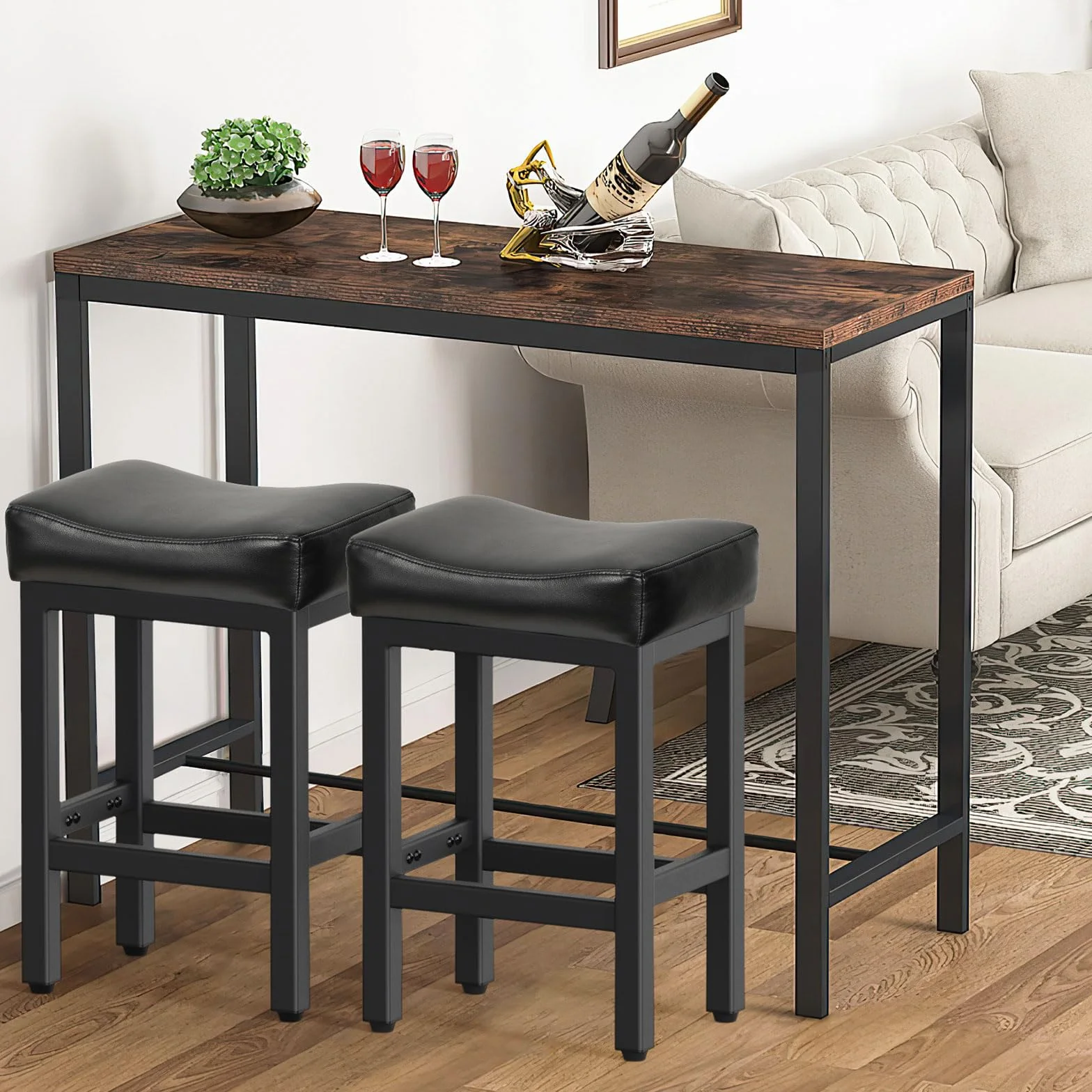 Raynesys 24 Inche Bonded Leather Counter Height Bar Stools Set of 2 Square | Barstools with Thick Bonded Leather Saddle Seats & Heavy Duty Metal Base for Kitchen Counter, Easy Assembly, All Black