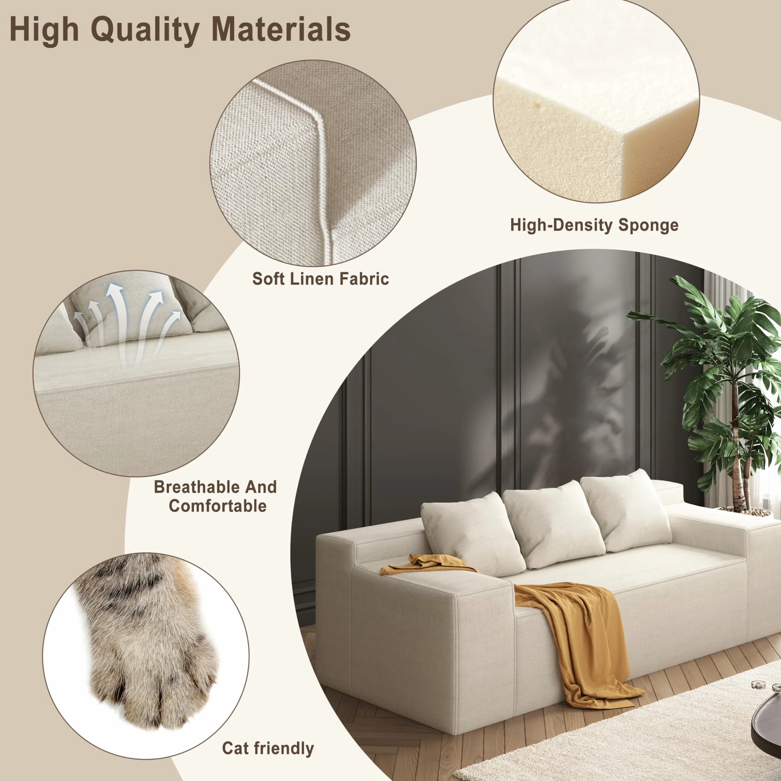 Modern 3-Seater Sofa, Hybrid Sofa in a Box, No Assembly Required, Comfy Sofa Couch with 3 Matching Pillows, Cat-Scratch Resistant Linen, Couch for Living Room or Bedroom, Beige