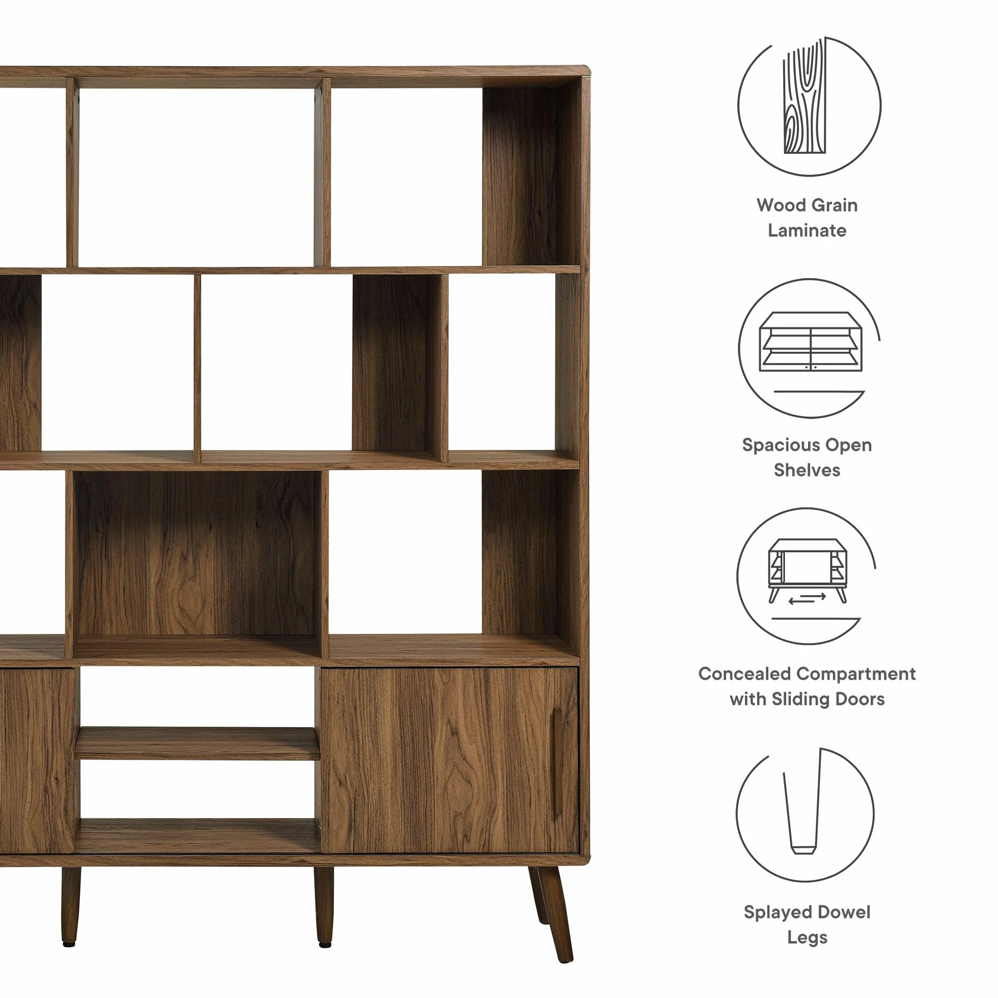 Modway Transmit 14 Shelf Bookcase with Sliding Doors in Walnut - 59 Inch Wood Mid-Century Modern Bookshelf - 4 Tier Wide Open Display Storage Cabinet for Living Room, Office, Hallway