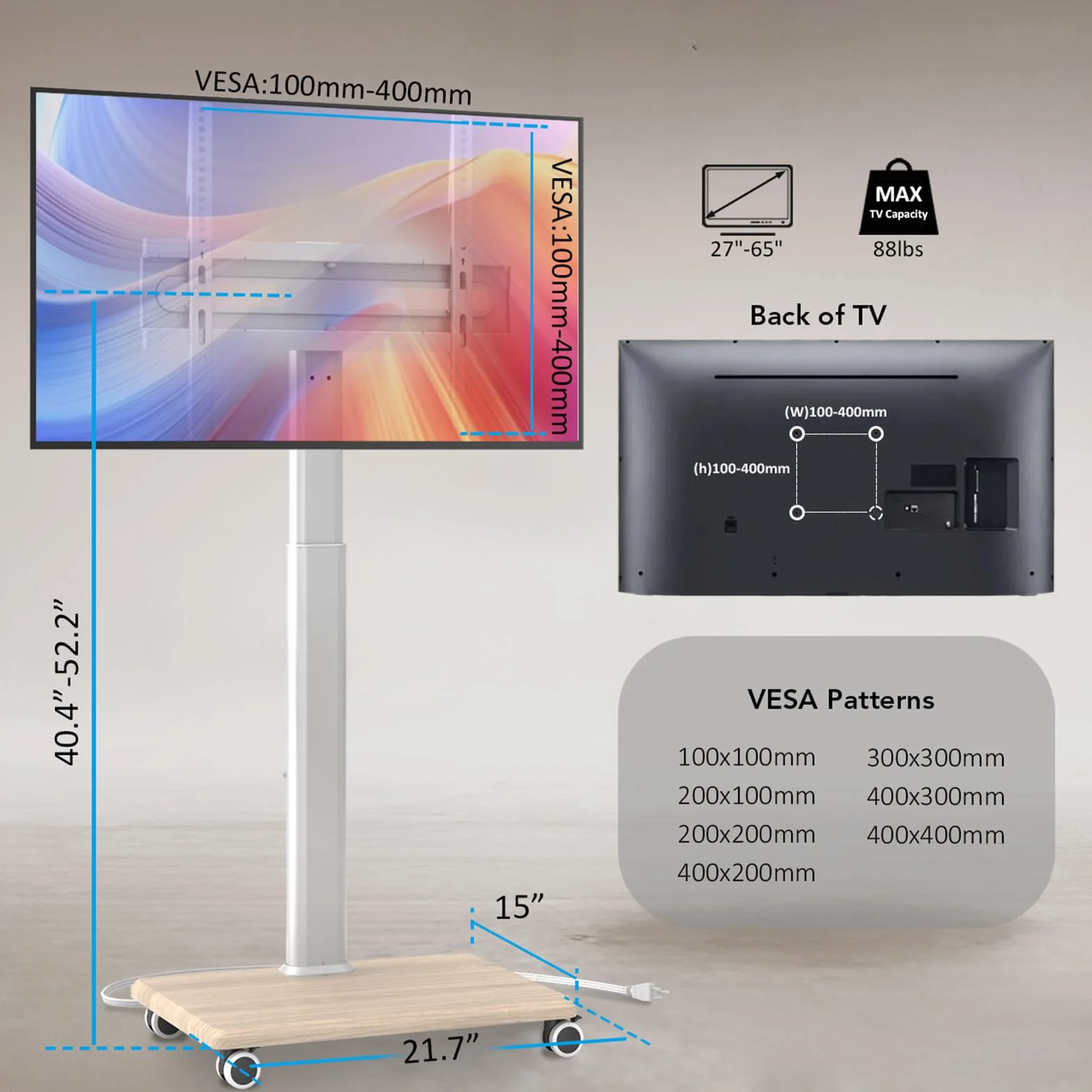 Mobile TV Stand with Power Outlets, Floor Portable TV Stand with Wheels for 27-65Inch LCD LED OLED Flat/Curved Panel Screen TVs, Swivel,Height Adjustable&Wood Base, RollingTV Cart White