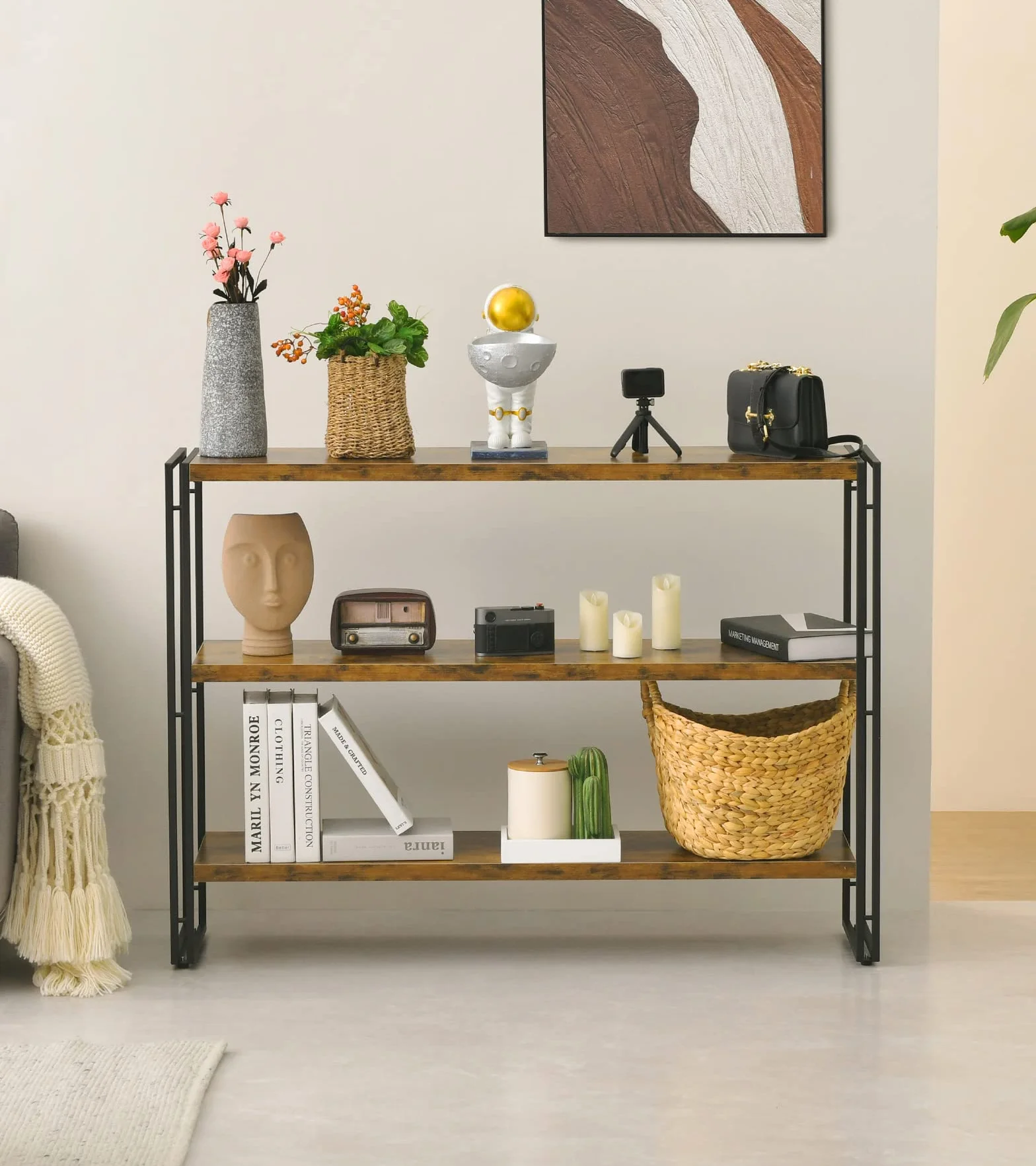 HCHQHS 3-Tier Rustic Wood and Metal Industrial Bookcase - 40in, for Home Office, Bedroom, Kitchen, Bathroom