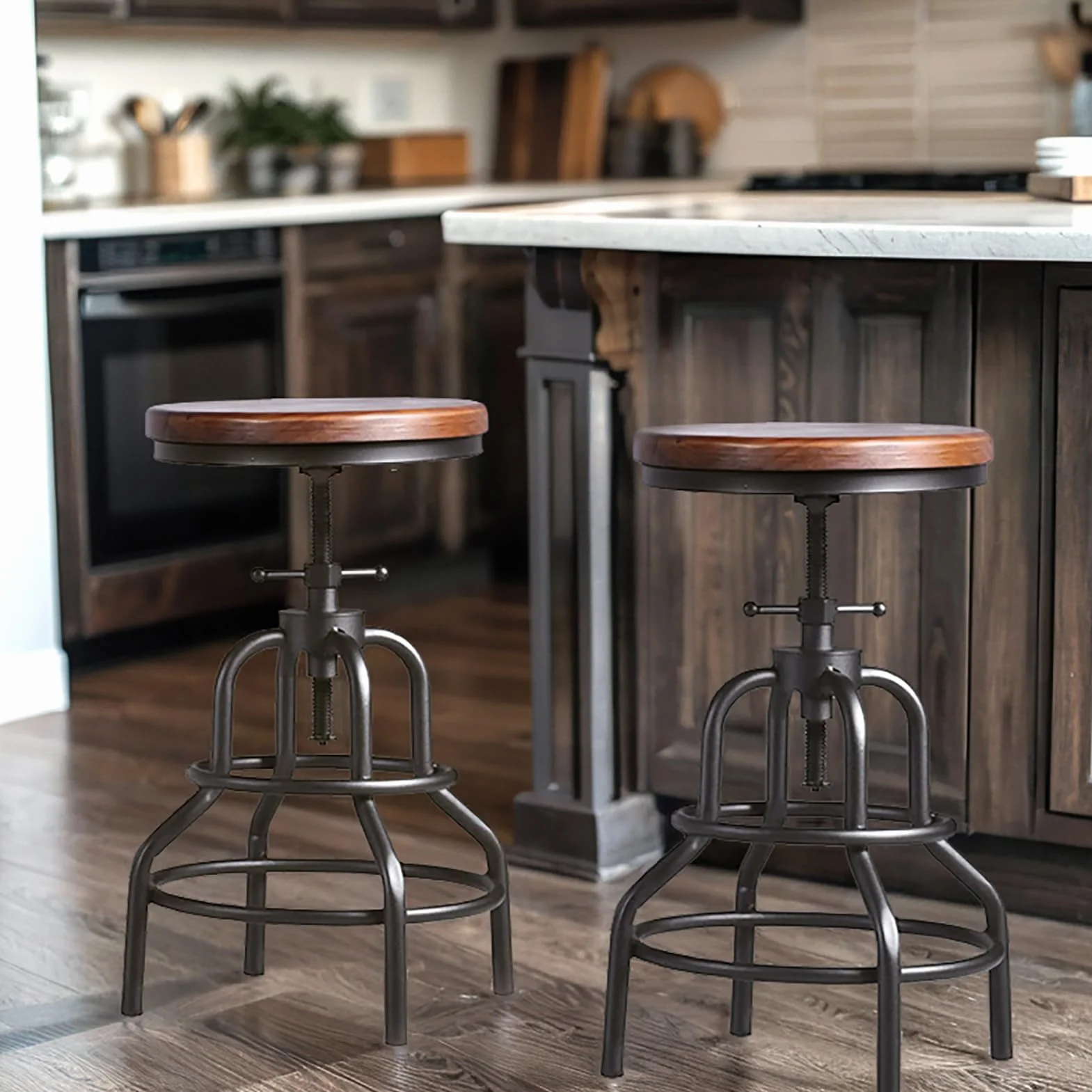 Vintage Industrial Bar Stool-Rustic Swivel Barstools-Round Wood Metal Base-Kitchen Counter Height Adjustable Pipe Stool-Cast Steel Chairs 20-27 Inch (Set of 2)
